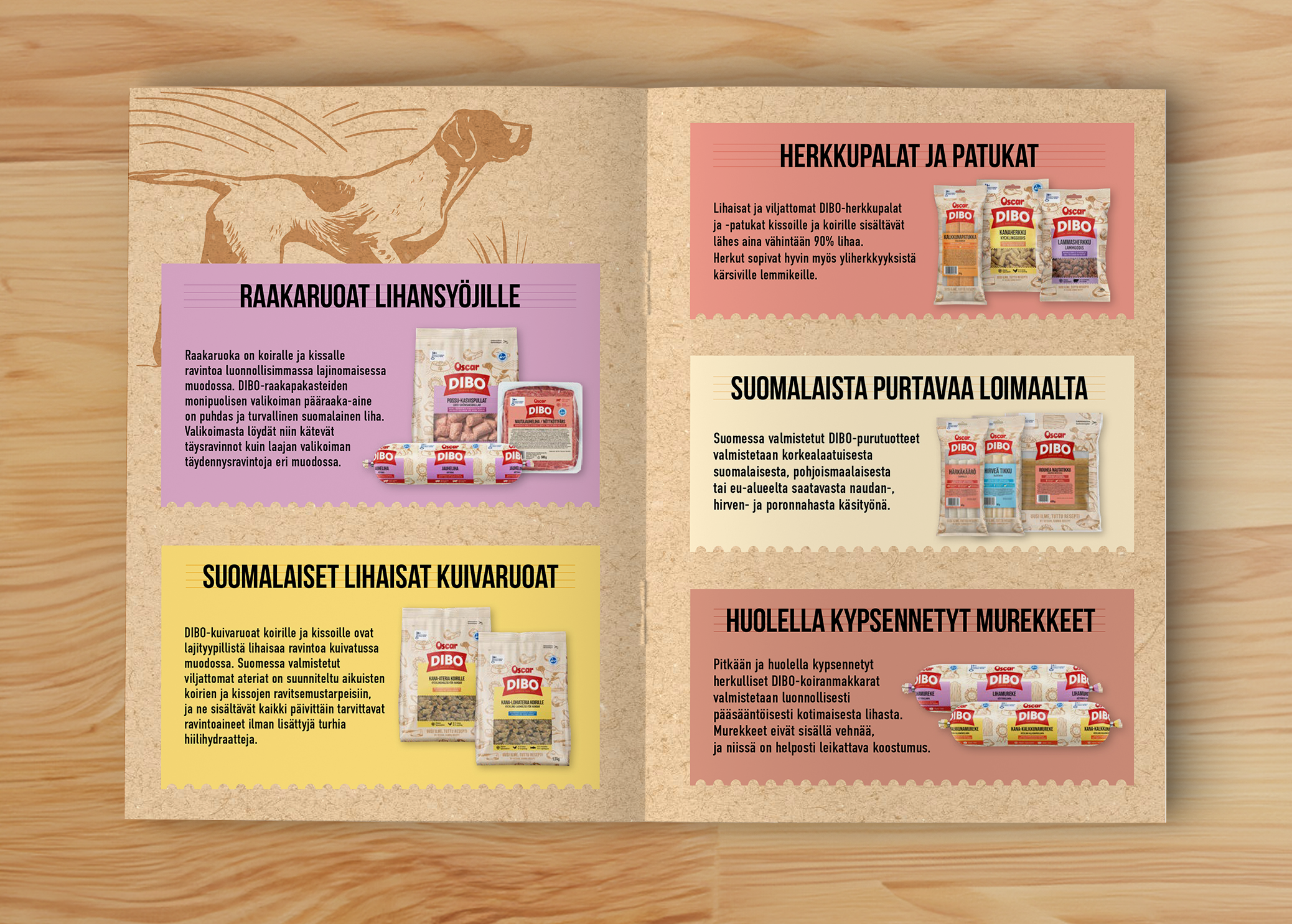 Kuvassa on avoskansoitettuja tuotteita ja tekstiä suomalaisista lihatuotteista, herkkupaloista, ja koirien kuiduille.