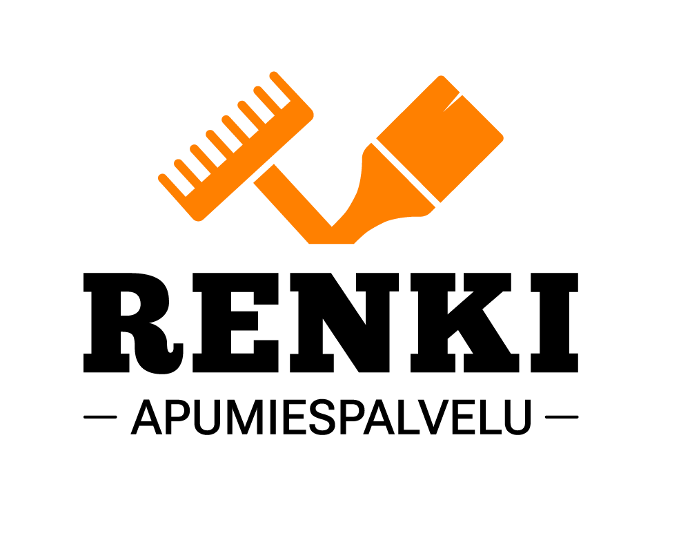 Apumiespalvelu Renki logo. Harava ja pensseli ristissä. 