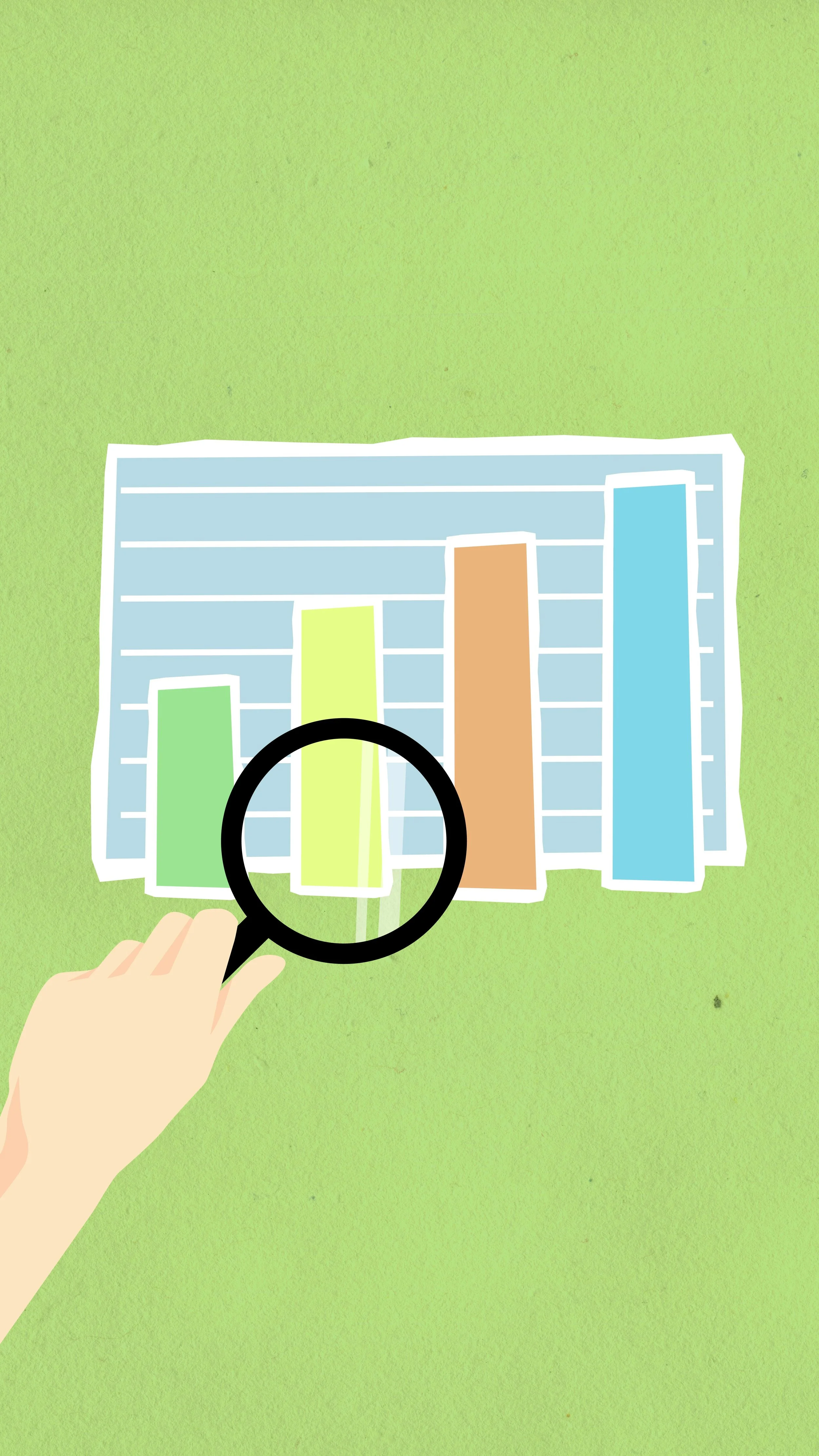 Illustration d'une main tenant une loupe au-dessus d'un graphique en barres, symbole d'analyse et de diagnostic.