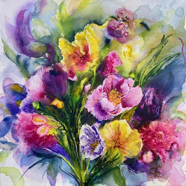 Original 12 x 12 inch canvas painting titled Summer Bouquet featuring an expressive bouquet of colourful pink, purple and yellow flowers in a vibrant contemporary style.