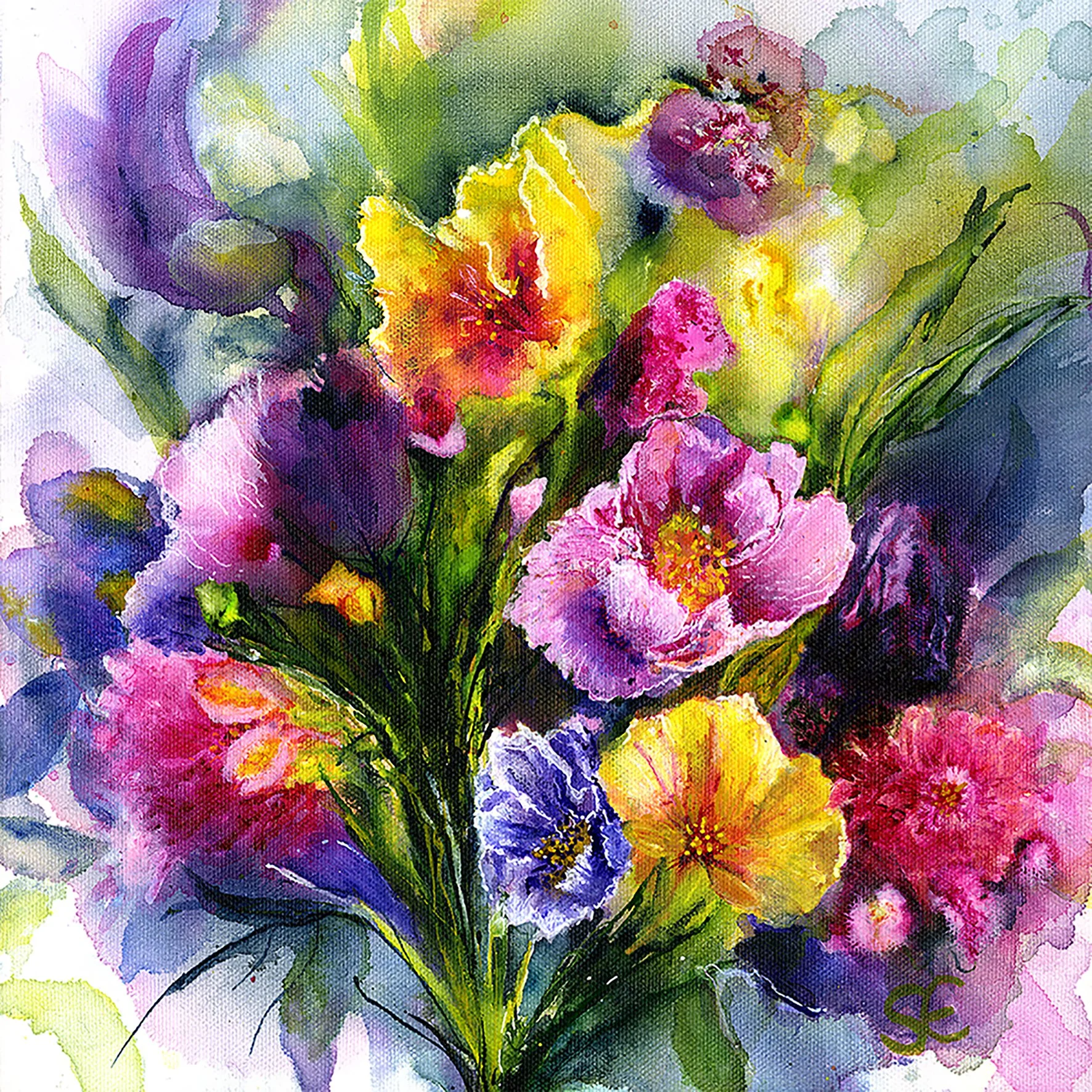 Summer Bouquet - Acrylic ink on stretched canvas - Prints & Greeting cards also available.