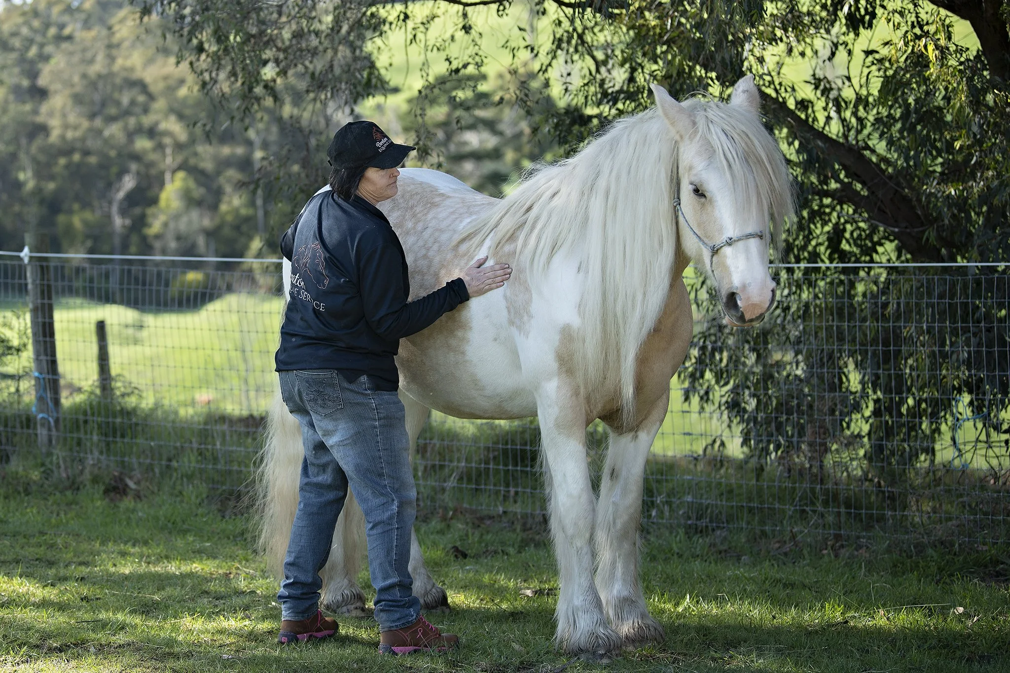 A person standing next to a large white and light brown horse outdoors with a green grassy background and trees.