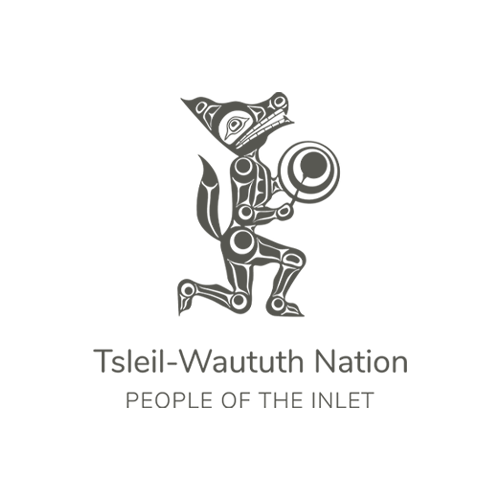 A stylized humanoid figure with a kangaroo head, holding a shield and standing on one leg, with the text "Tseil-Waututh Nation" and "People of the Inlet" beneath.