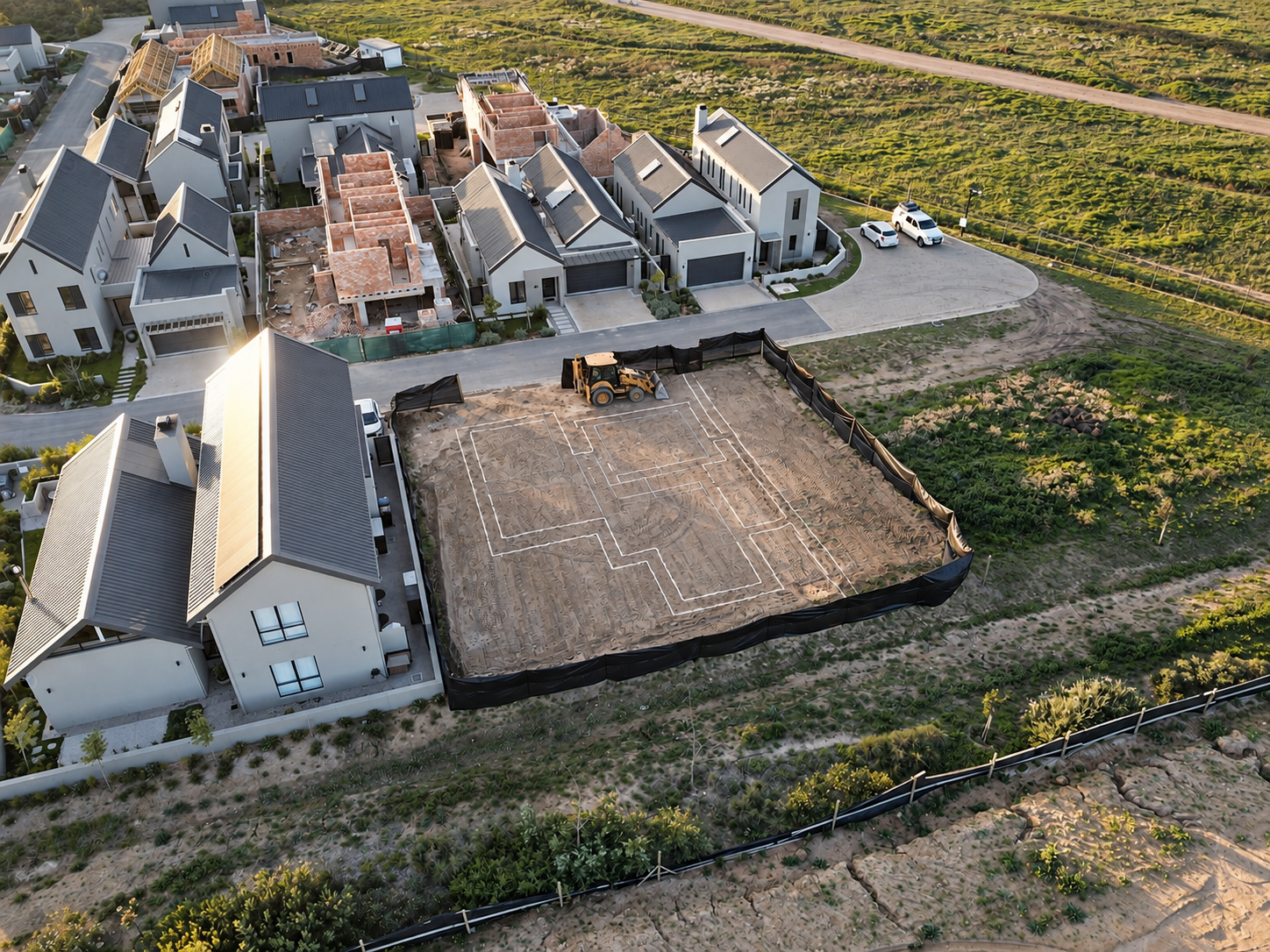 An aerial view of a residential area under construction, with a new house foundation being prepared with a mini excavator on a dirt lot, surrounded by several completed modern homes in a neighborhood.