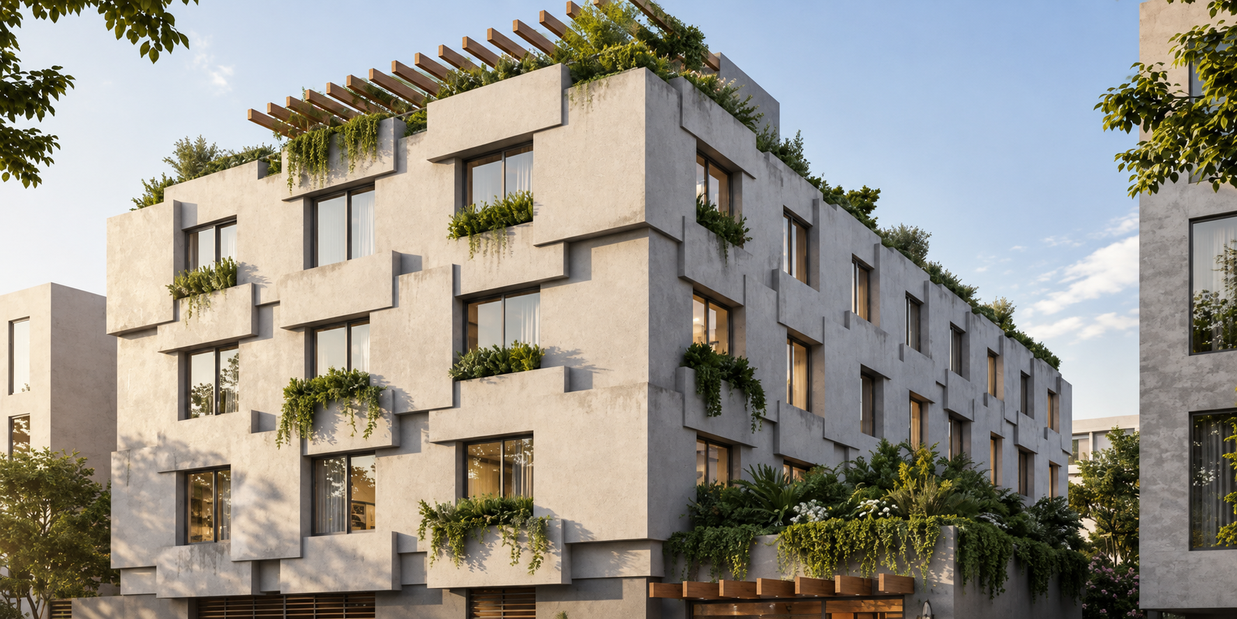 Contemporary residential building with textured concrete facade, multiple windows, and green plants on balconies and rooftop, in an urban setting during daytime with clear sky.