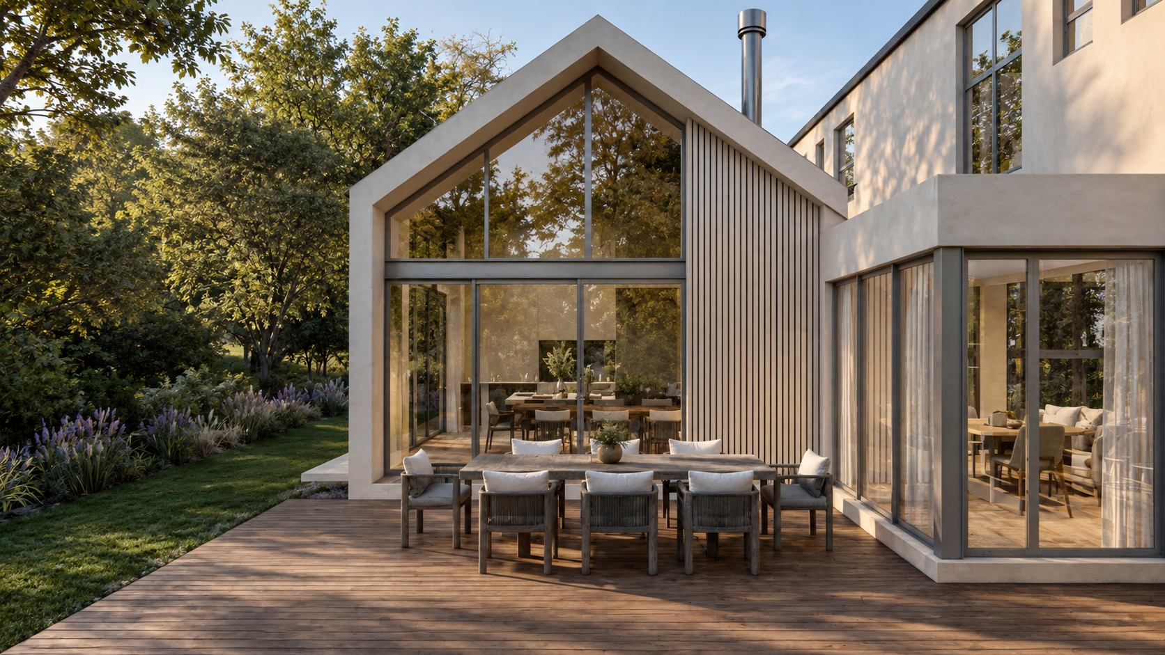 Modern house with large glass windows, a wooden patio with outdoor dining table and chairs, surrounded by greenery and trees.