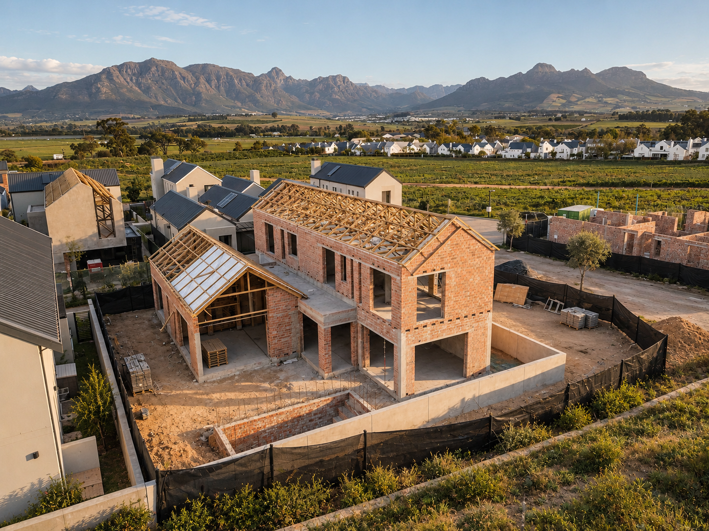 A house under construction with brick walls and a wooden roof frame, surrounded by a black construction fence, on a plot with dirt and construction materials, with neighboring modern homes and mountains in the background.