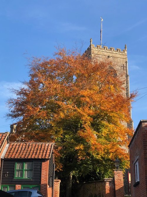 A stone clock tower behind a large tree with orange, red, and yellow autumn leaves, in a town with brick houses and a clear blue sky.