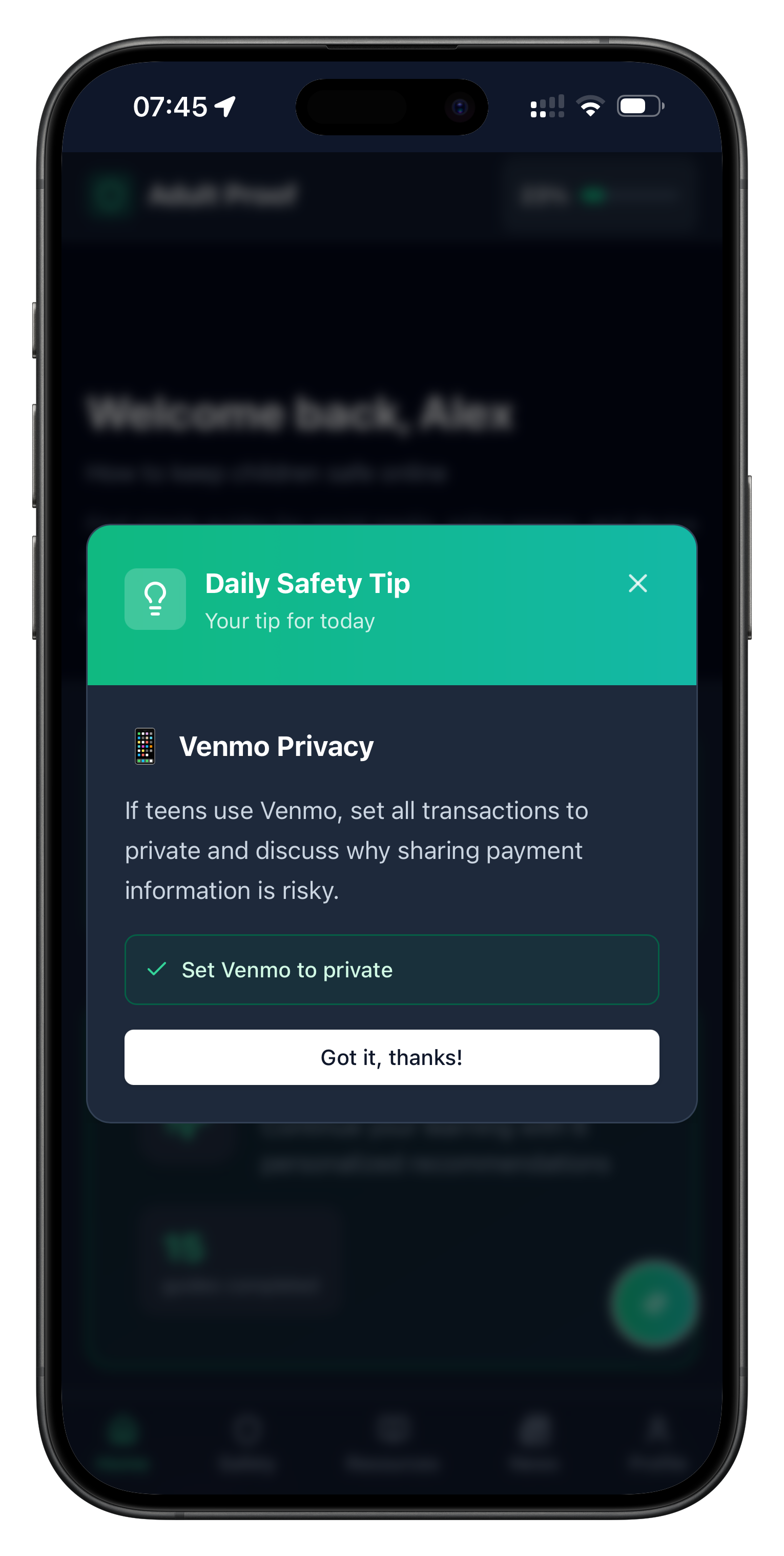 Screenshot of the Adult Proof parental control app showing daily tips to the user