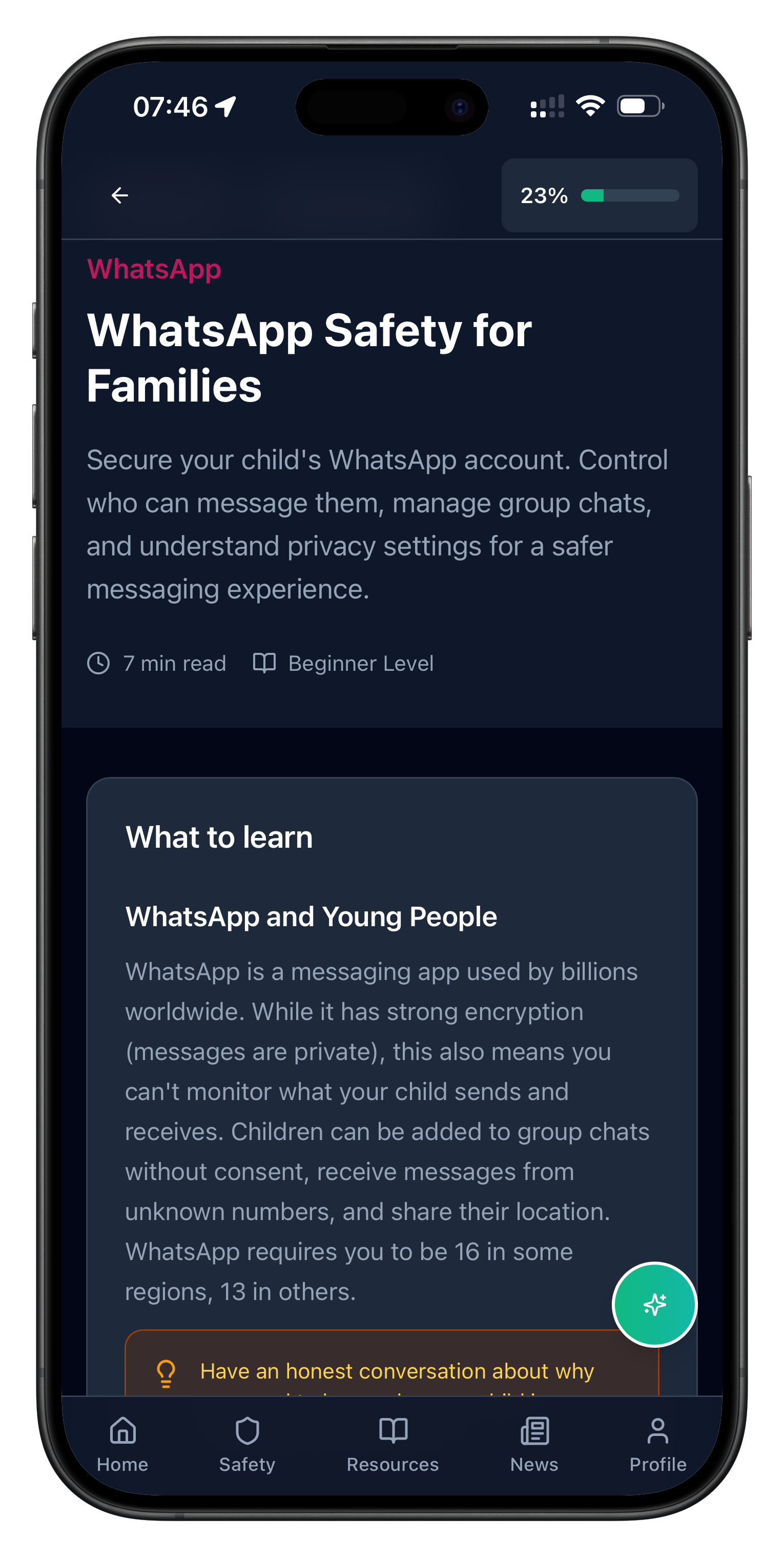 Screenshot of the Adult Proof app showing a WhatsApp safety guide for families with advice on parental controls and privacy settings for children.