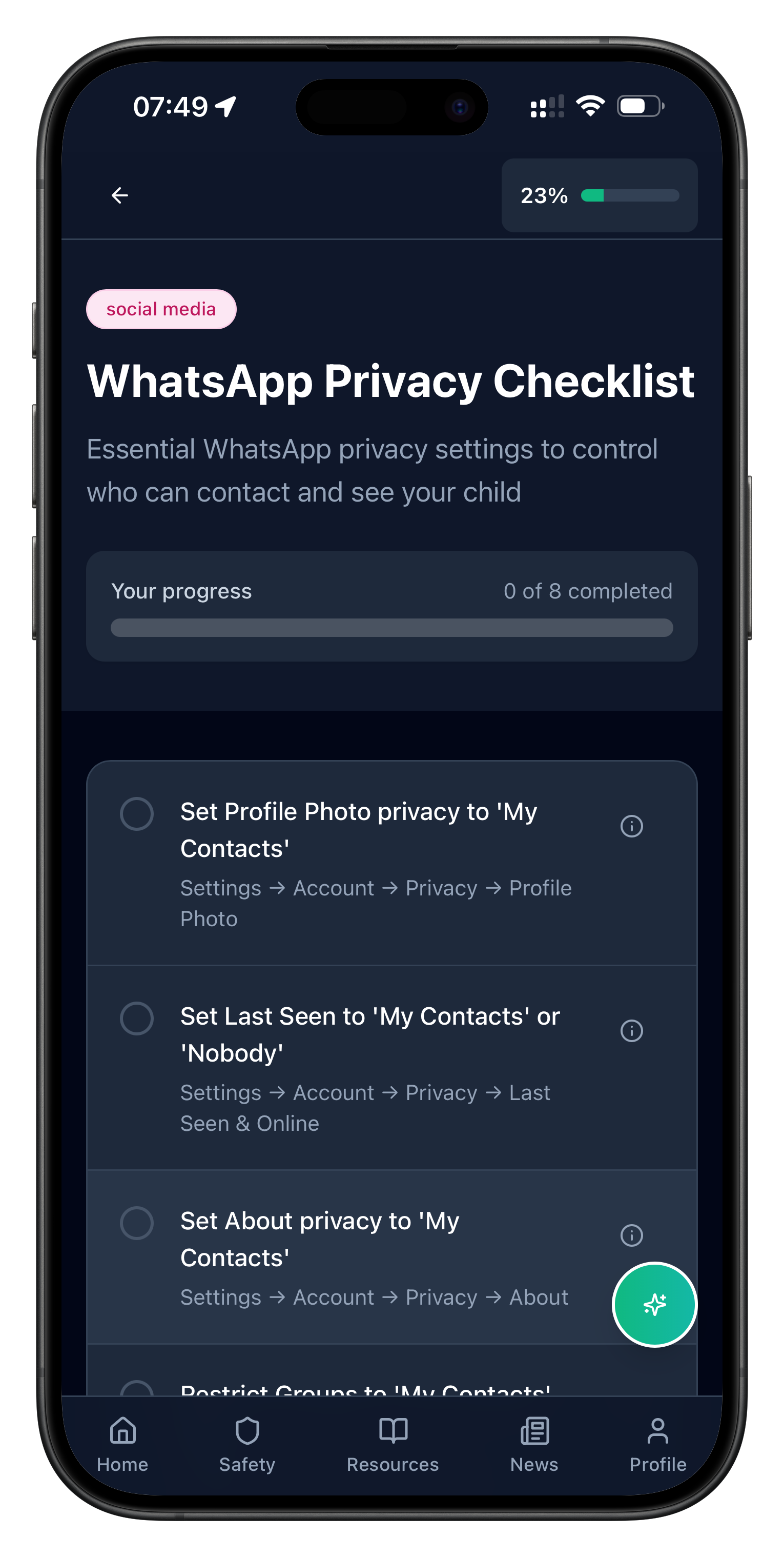 Screenshot of the Adult Proof parental control app showing a Privacy Checklist for WhatsApp on how to set privacy settings on photos, contacts and more