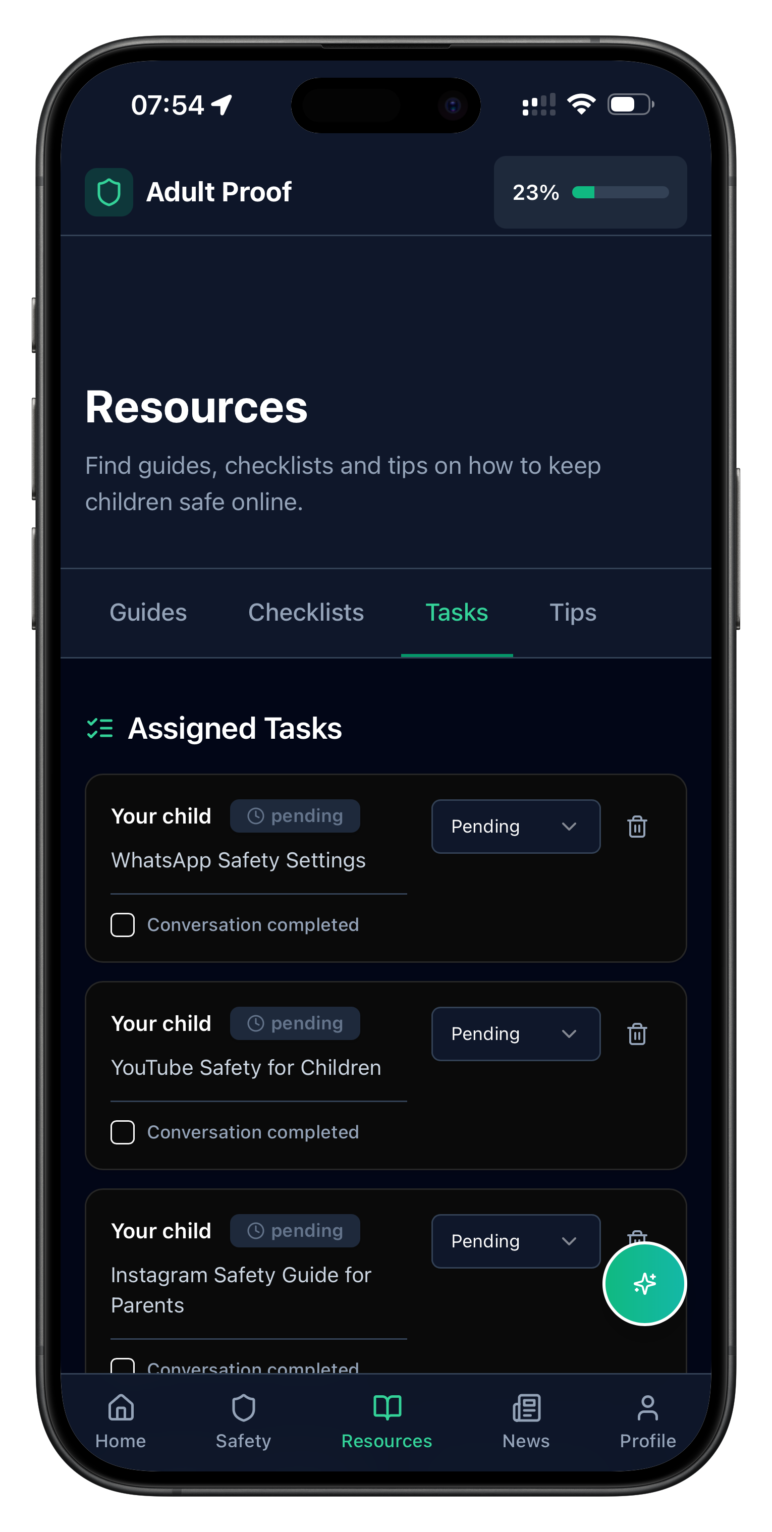 Screenshot of the Adult Proof parental control app showing tasks for the user and their family to complete for WhatsApp, Instagram and YouTube