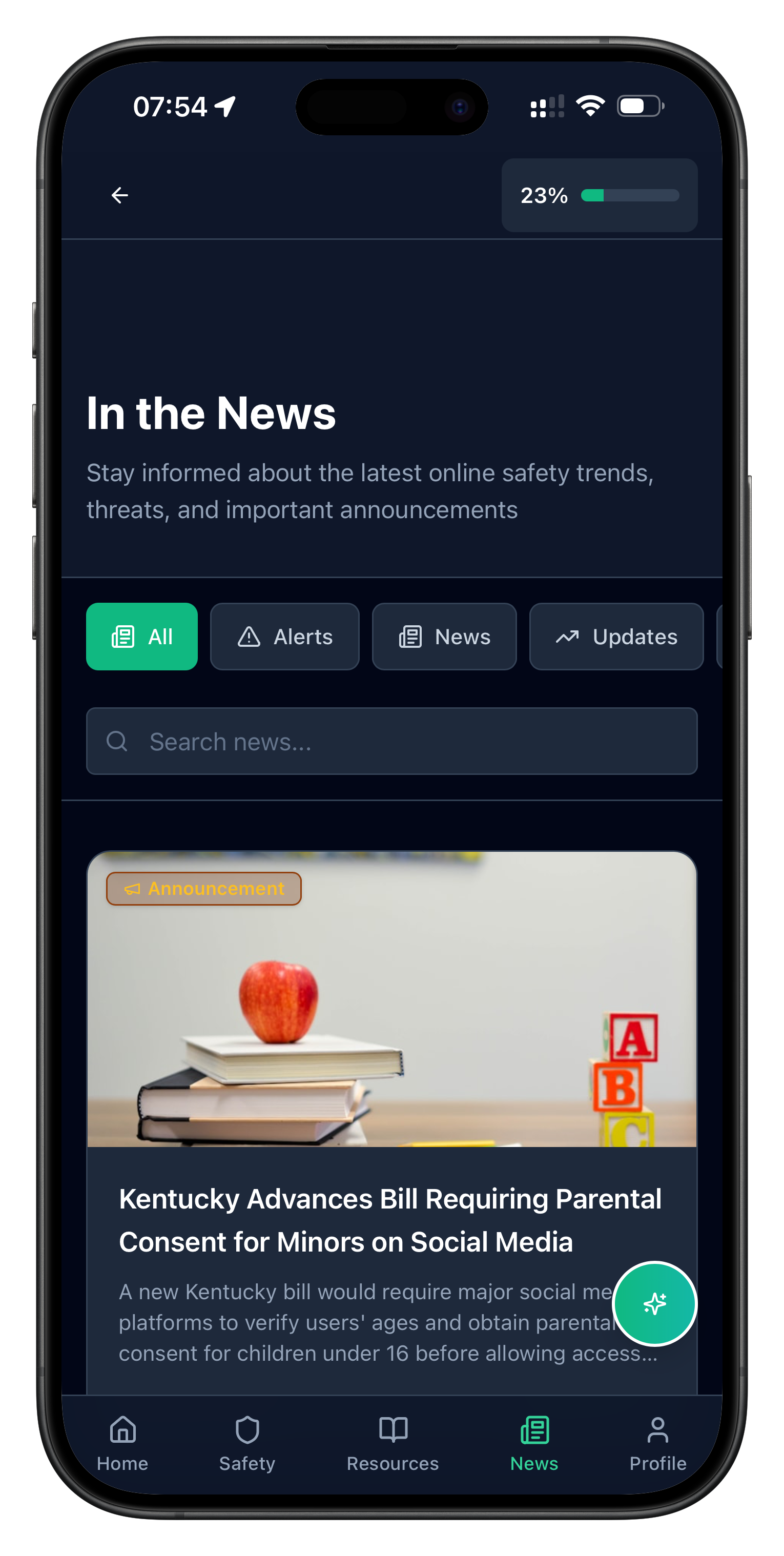 Screenshot of the Adult Proof parental control app with an 'in the news' title showing latest news around online safety