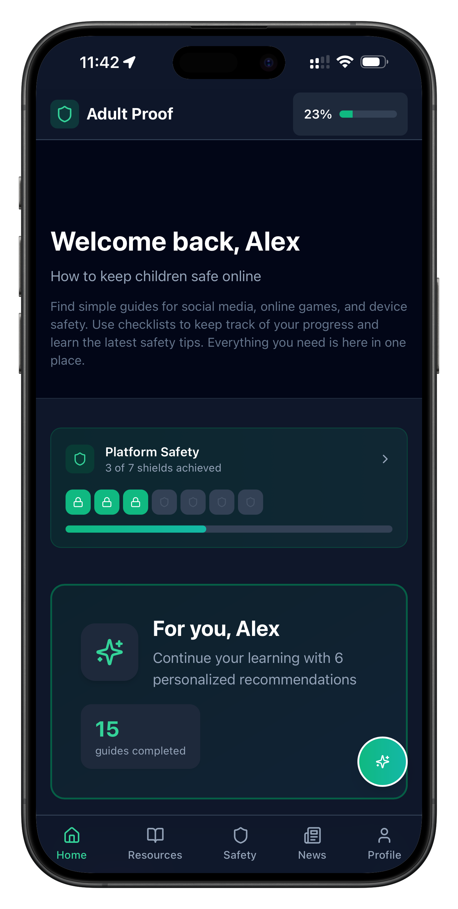 Screenshot of the Adult Proof parental control app dashboard showing platform safety progress, personalised recommendations and child online safety tracking.