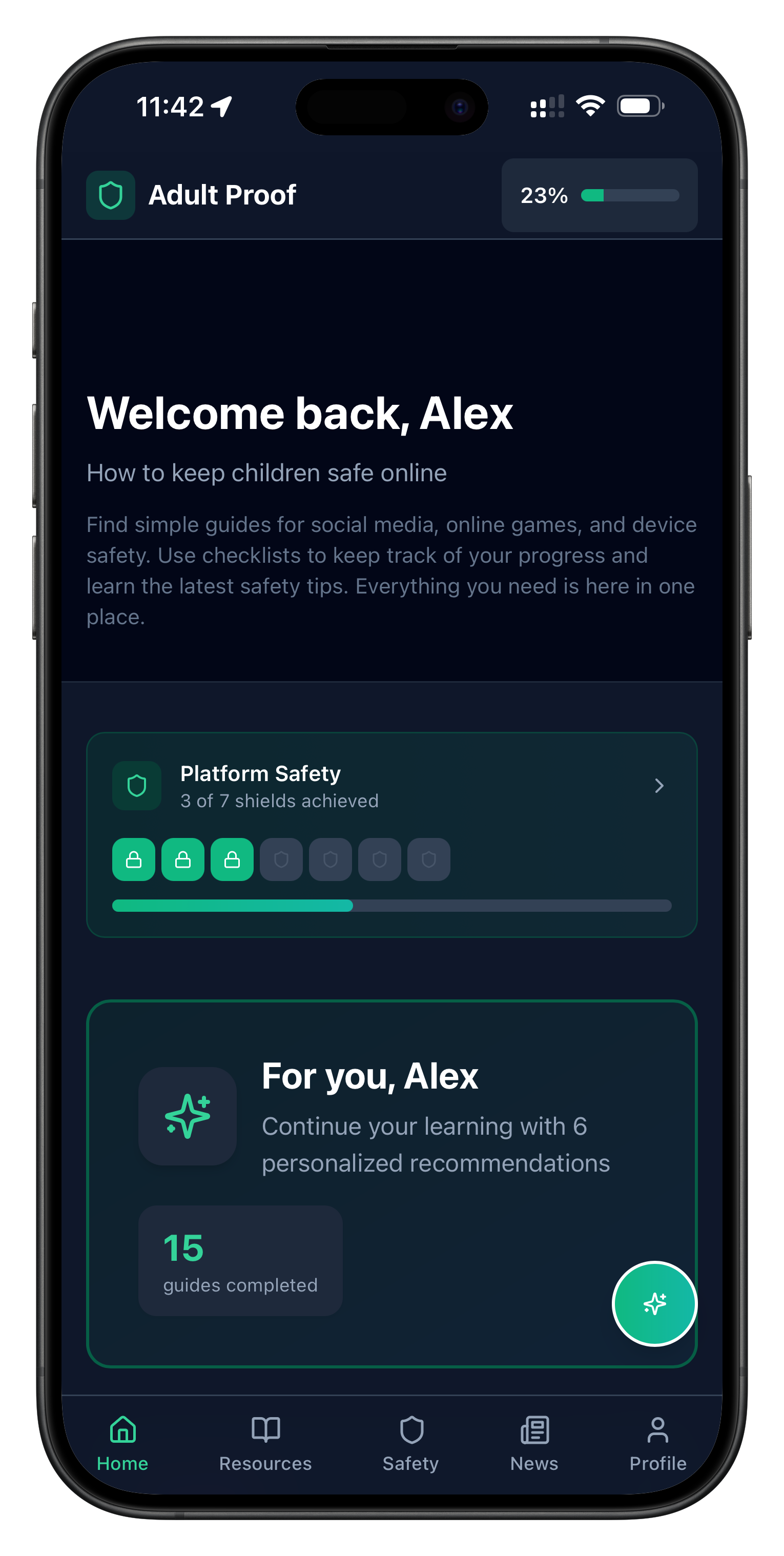 Screenshot of the Adult Proof parental control app dashboard showing platform safety progress, personalised recommendations and child online safety tracking.