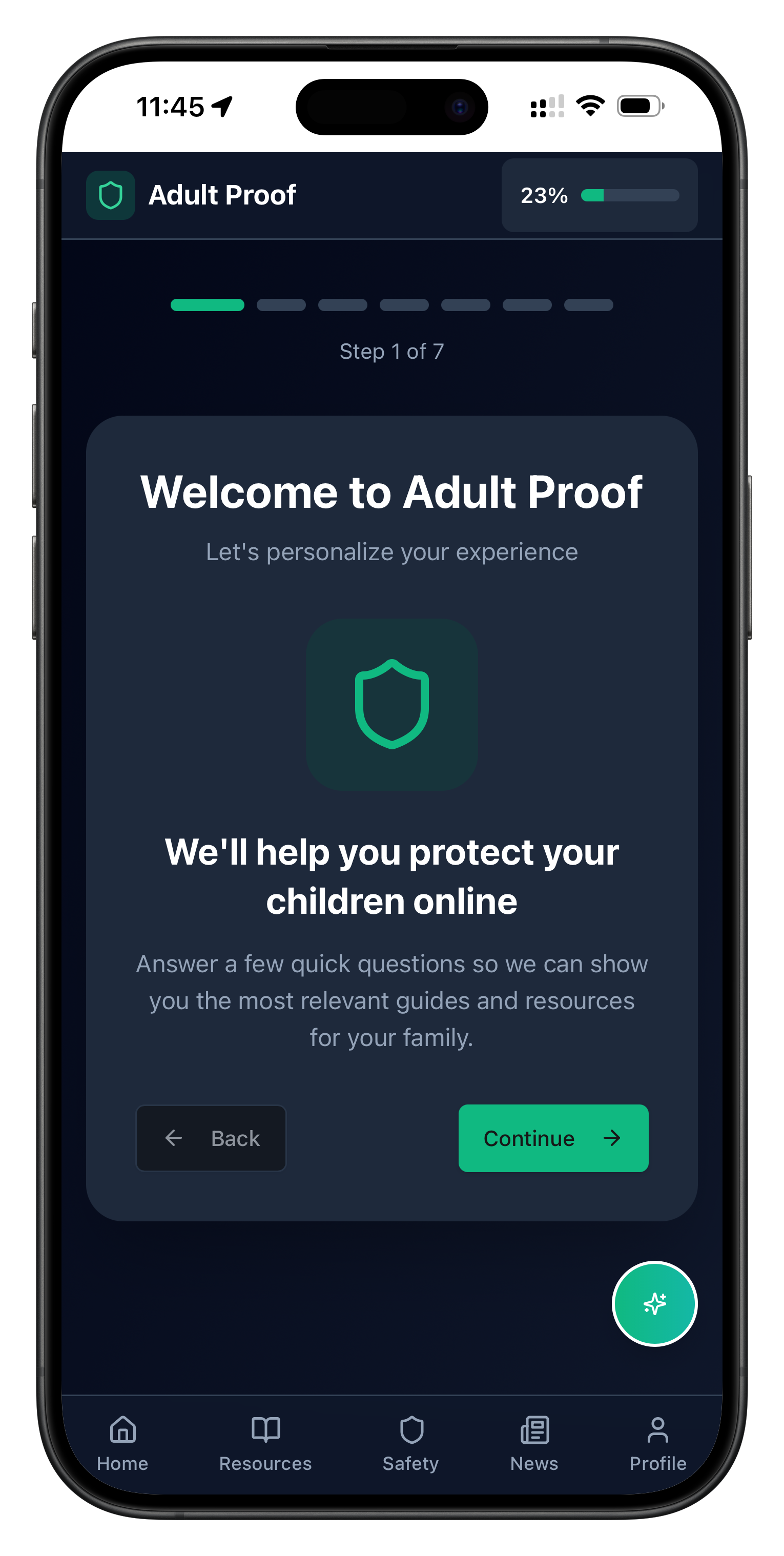 Adult Proof child online safety app onboarding screen guiding parents through setup to protect children on social media and devices.