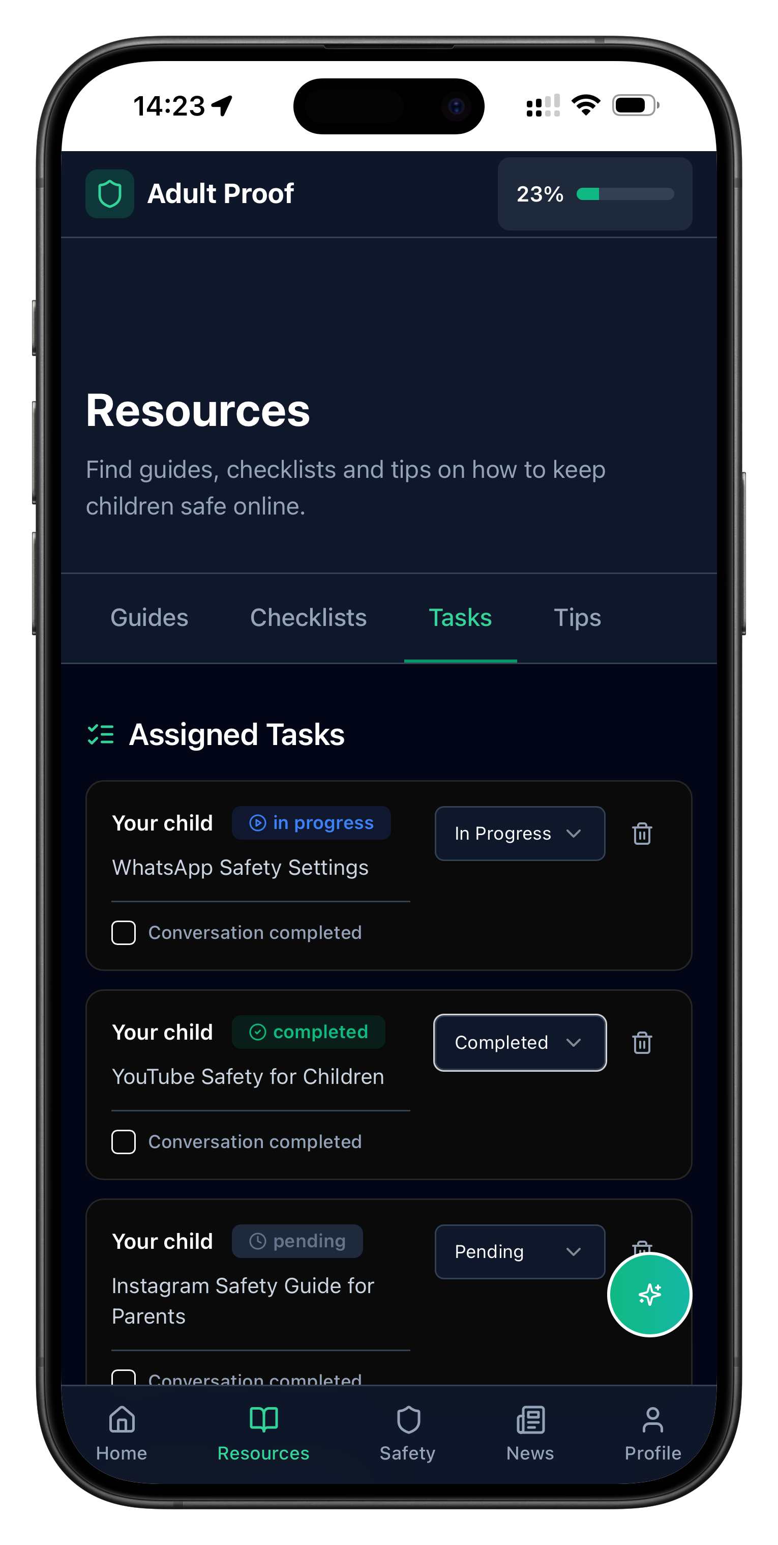 Screenshot of the Adult Proof parental control app resources page showing guides, checklists and online safety tasks for parents.