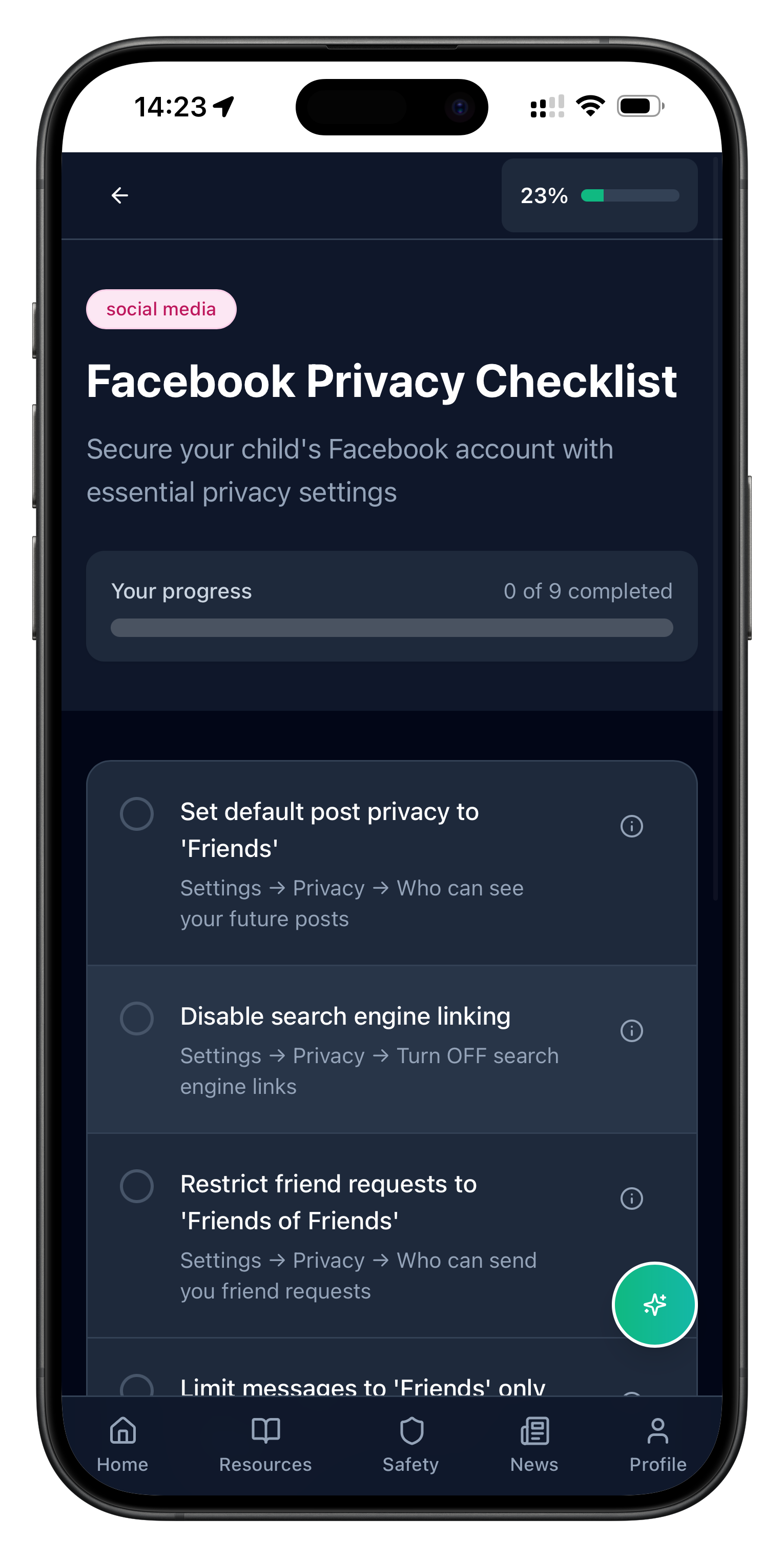 Screenshot of the Adult Proof app showing a Facebook privacy checklist to help parents secure their child’s account settings.