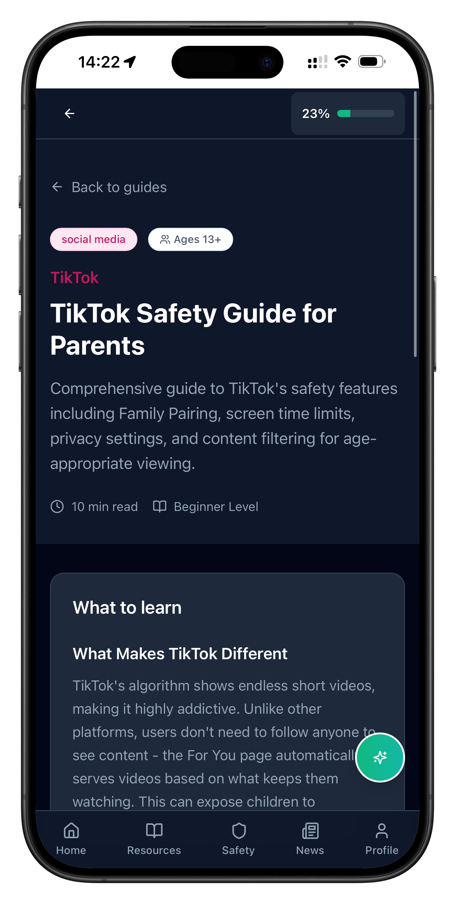 Screenshot of the Adult Proof parental control app showing a TikTok Safety Guide and what to learn about online safety using TikTok