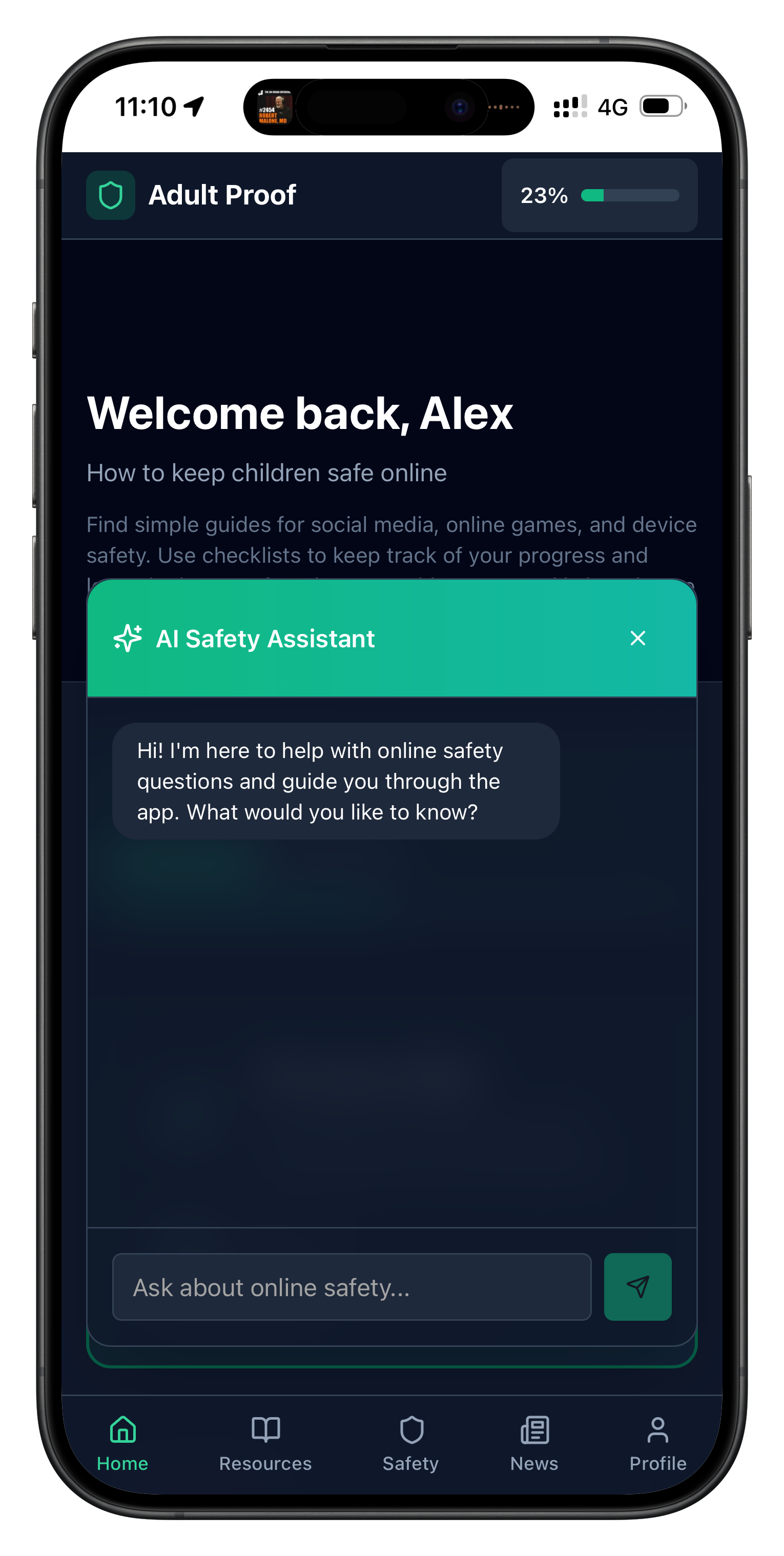 Screenshot of the Adult Proof parental control app demonstrating a conversation with their AI conversational agent