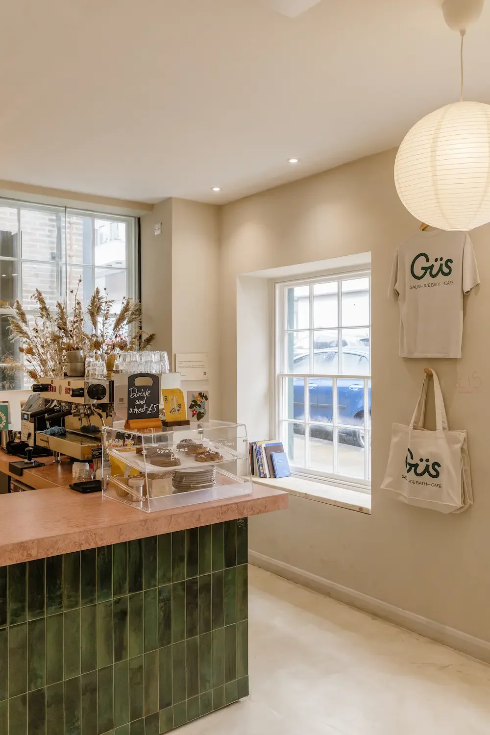 Cafe interior decoration with dried floral installation, Güs Wellness, Sheffield
