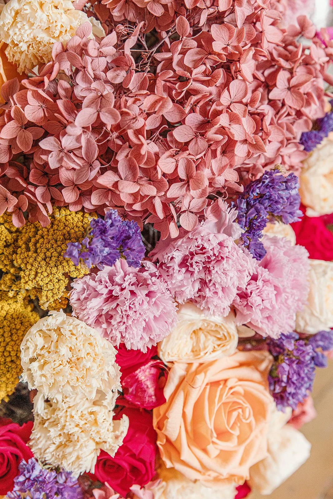 Close up of preserved hydrangea in everlasting summer flower centrepiece