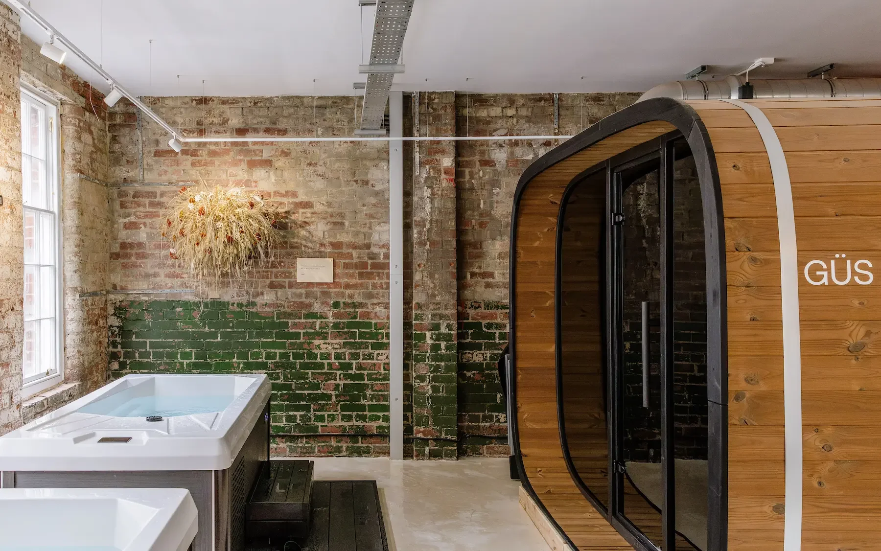 Dried botanical wall installation beside the sauna pod and cold plunge at Güs Wellness, Sheffield, by Anther Studio