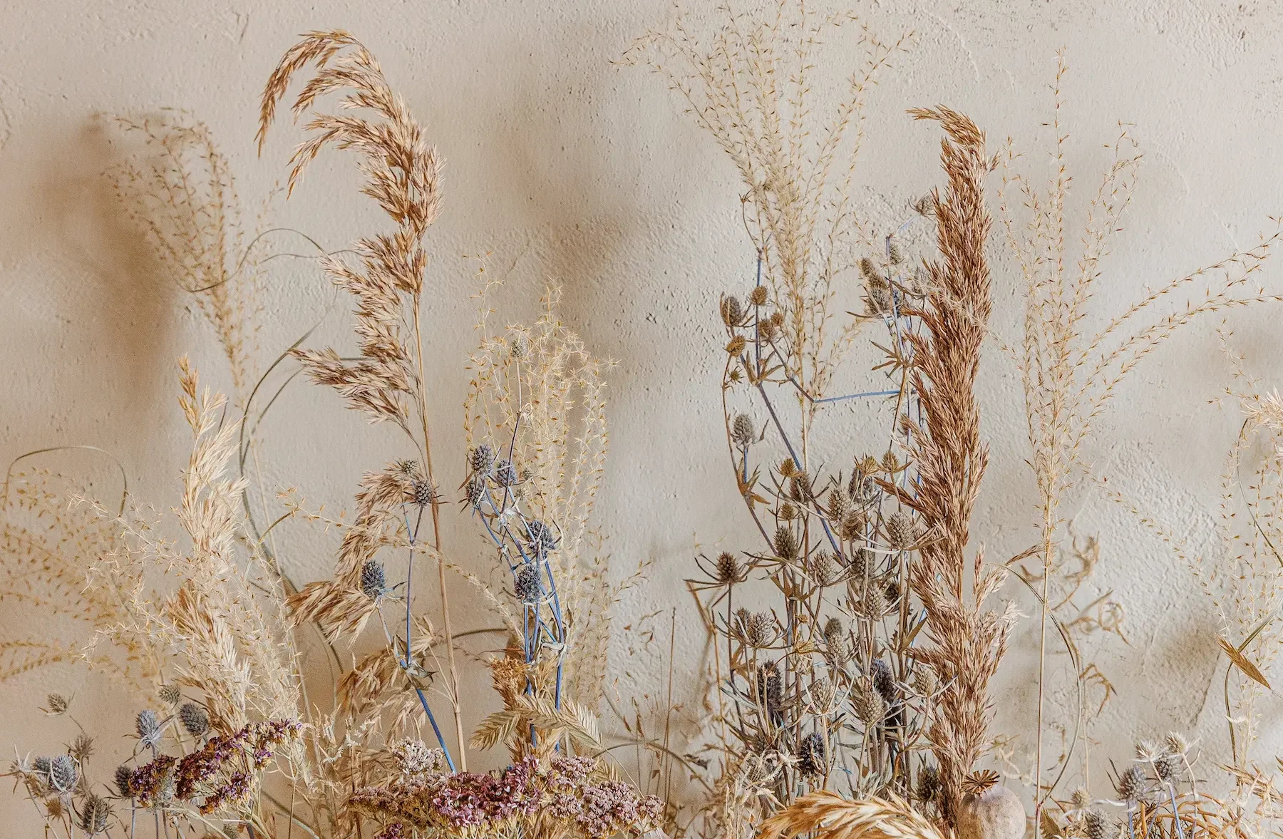 dried meadow floral installation against salon wall