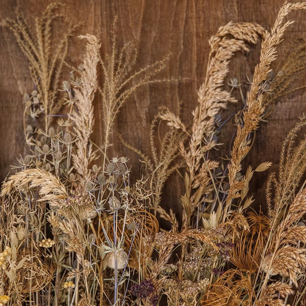 Close up of meadow inspired natural dried flowers and grasses against dark walnut wood backdrop