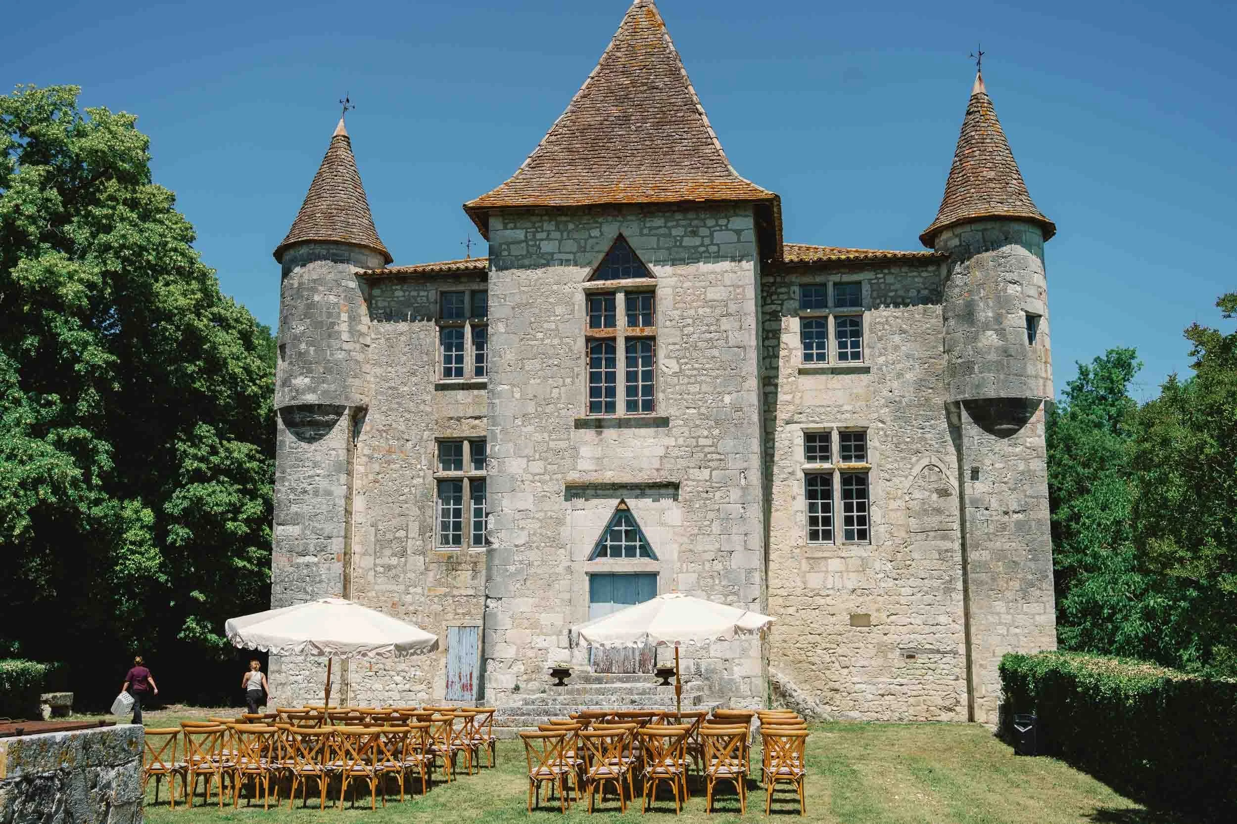 Full exterior view of Château de Panisseau, Dordogne, set up for a wedding