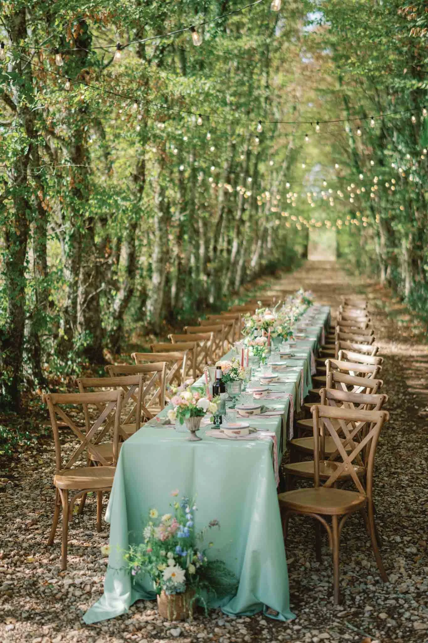 Long wedding dinner table under a tree tunnel with fairy lights at Château de Sainte Croix, Dordogne