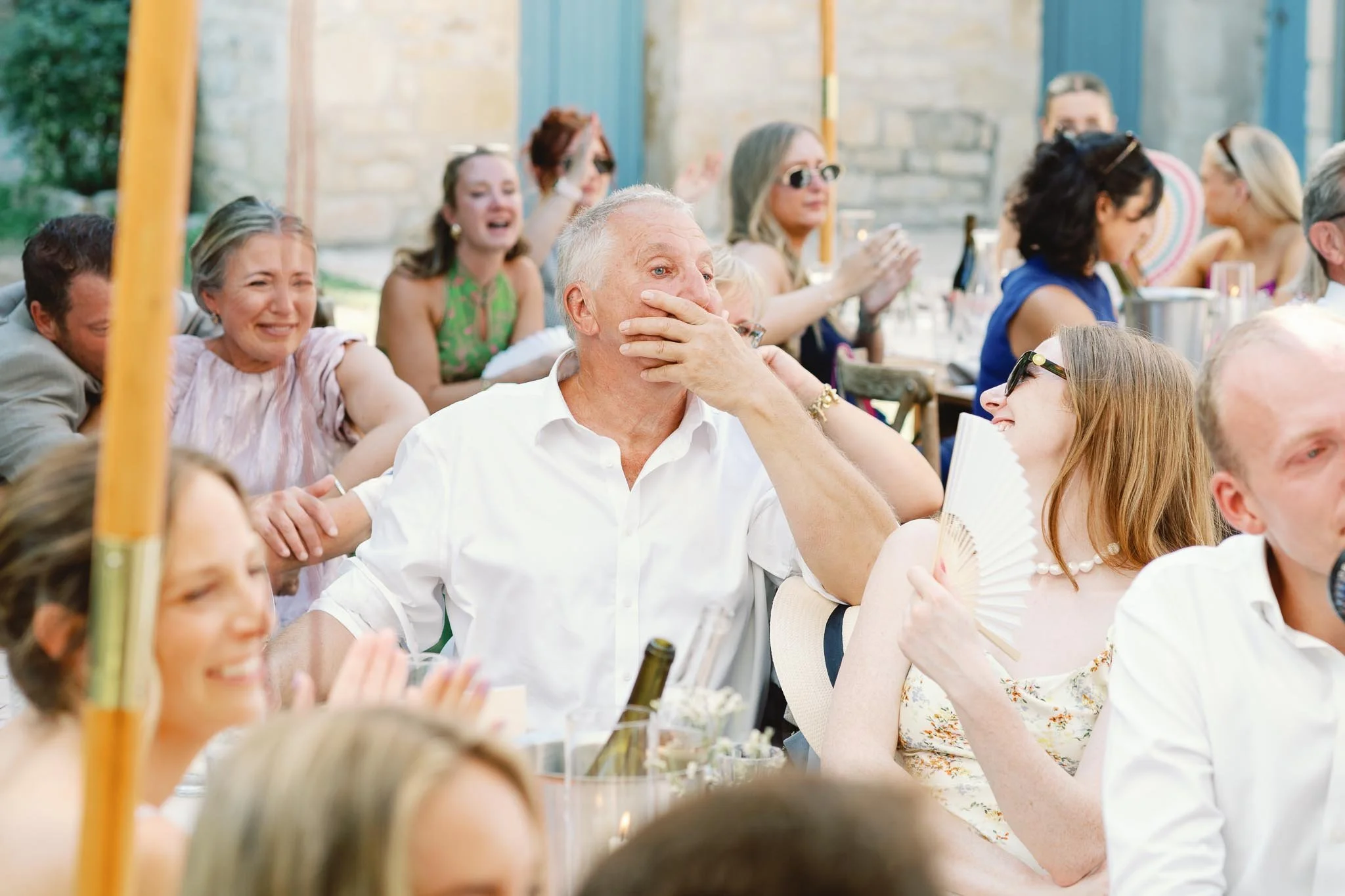 Father of the groom emotional during his son's speech at Château du Raysse, Dordogne