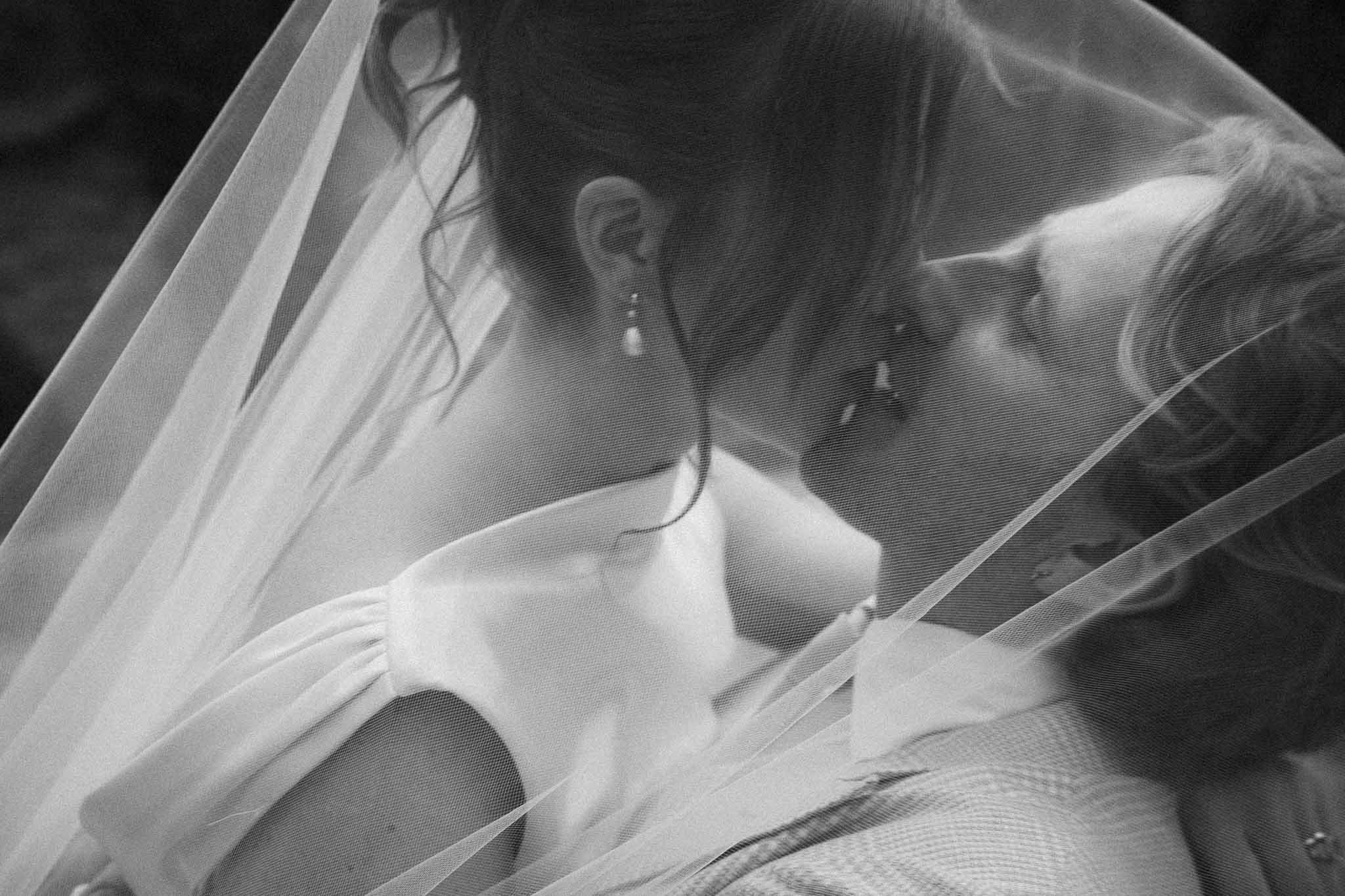 Close black and white veil portrait at Château du Raysse, Dordogne