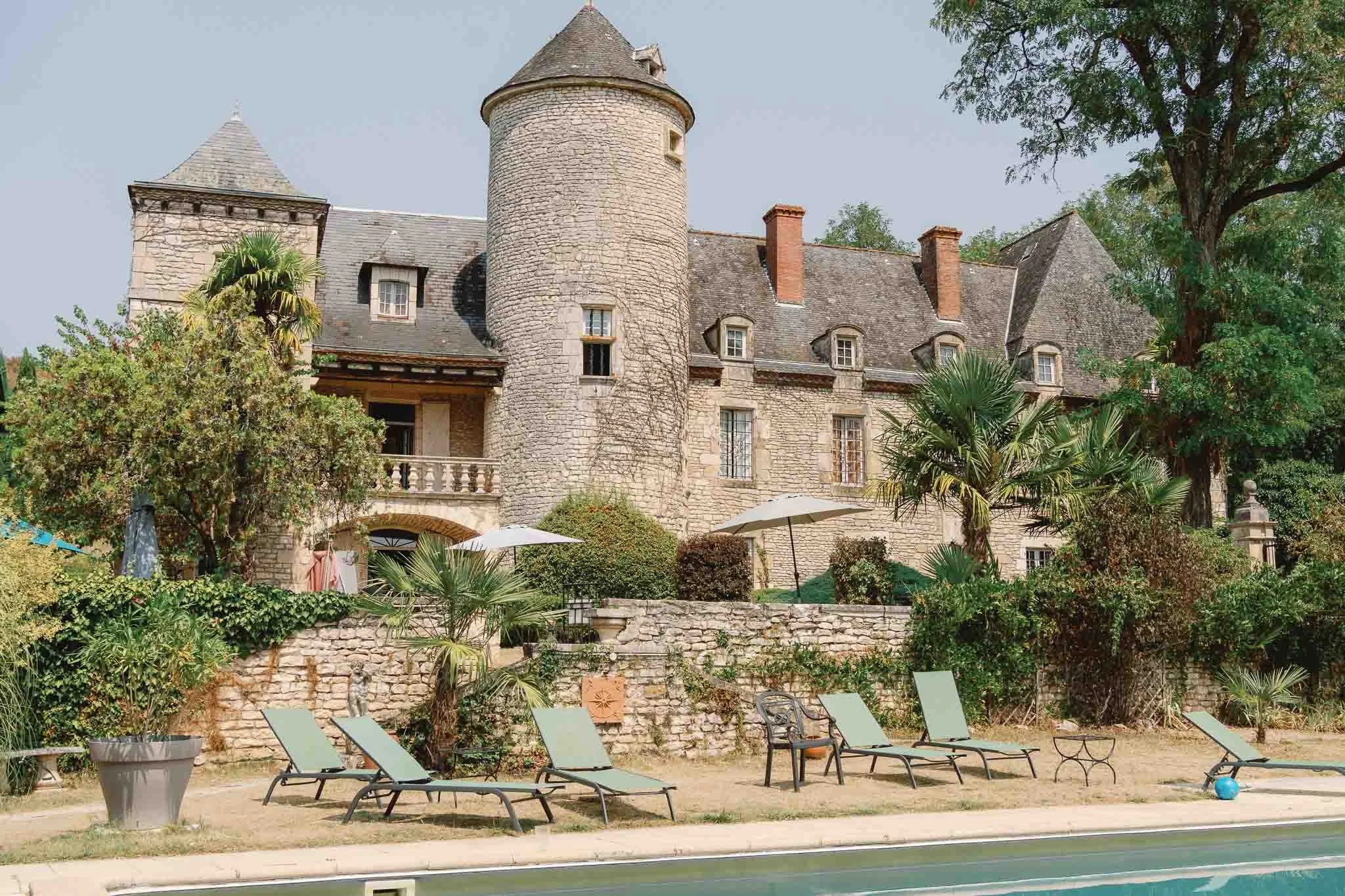 Château du Raysse turret and swimming pool, Dordogne