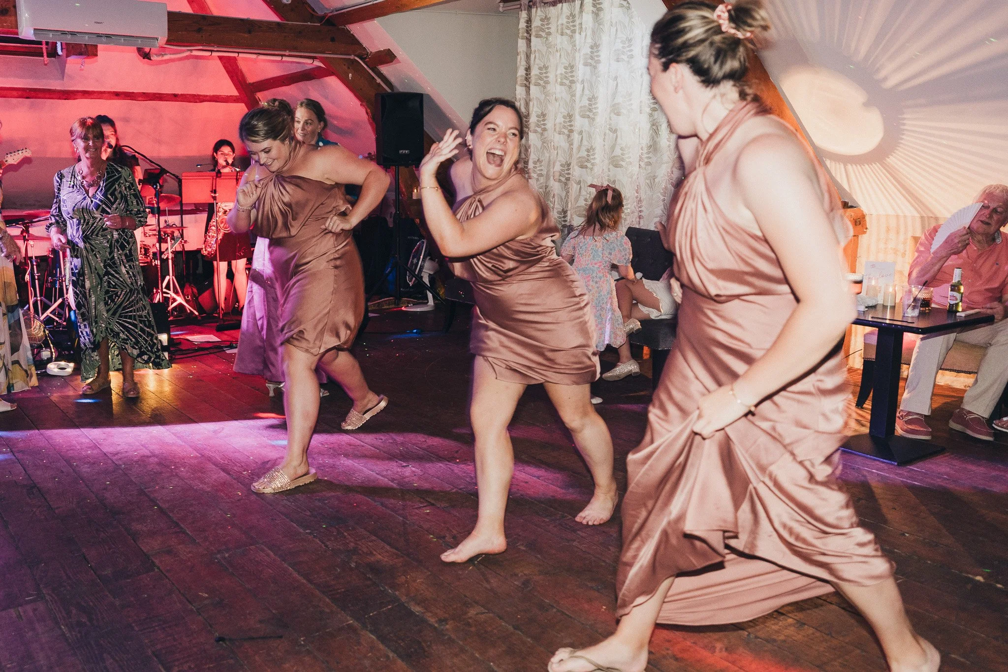 Guests dancing during the evening reception at a summer wedding in the Dordogne.