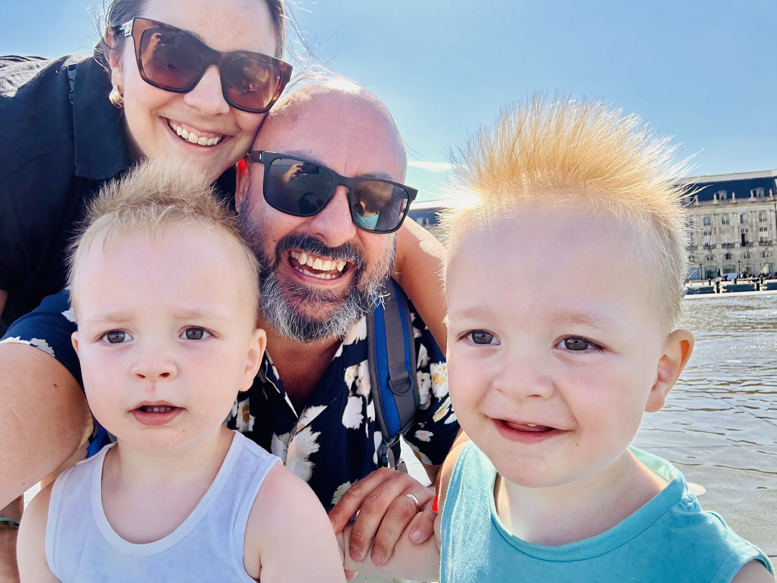 Gavin Chapman with his wife Julie and their twin sons, Sullivan and Lucas—an English wedding photographer based in Bordeaux, France.