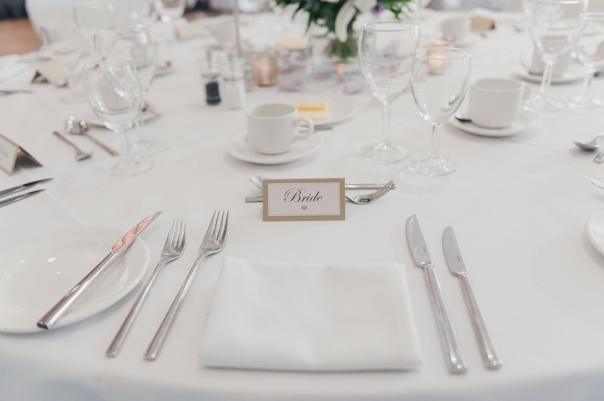 Place setting for the bride at the wedding breakfast table at Richmond Hill Hotel.