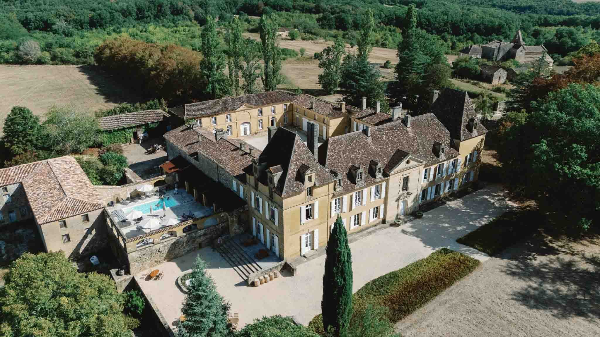 Aerial view of Château de Sainte Croix wedding venue in Southwest France