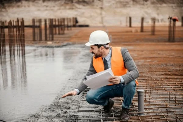 Site manager in a white hard hat and orange vest crouching by wet concrete on rebar mesh while holding blueprints