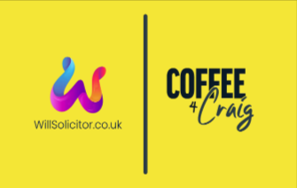 Yellow background with the WillsSolicitor.co.uk logo on the left and the Coffee 4 Craig logo on the right, separated by a vertical line.