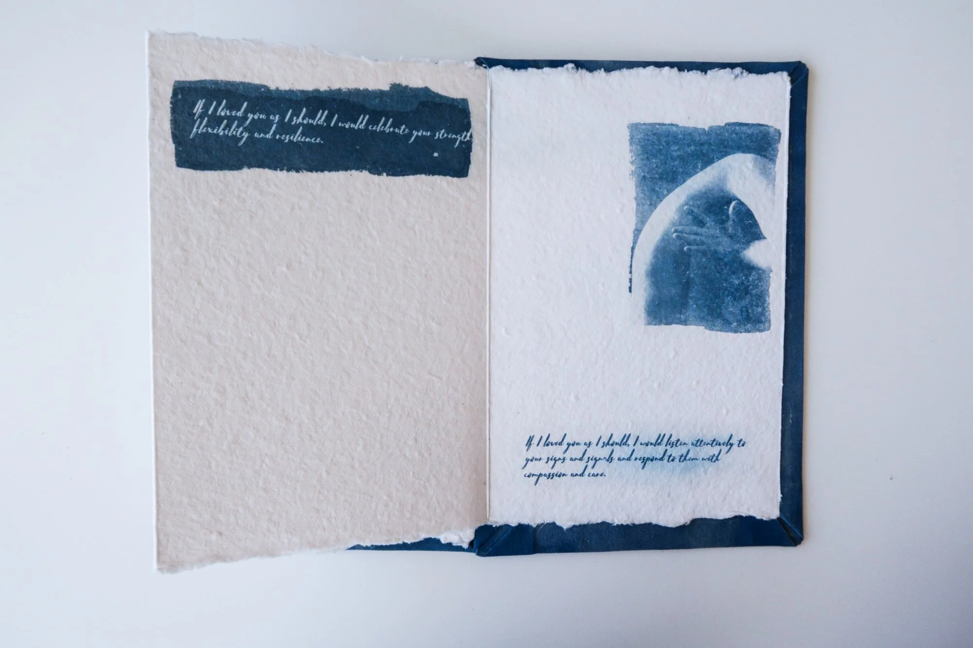 Page from a handmade artist book by Yanina Shevchenko, part of her project If I Loved You As I Should — a body-focused exploration of self-acceptance. Printed on handmade paper using cyanotype, the image combines body forms and natural elements
