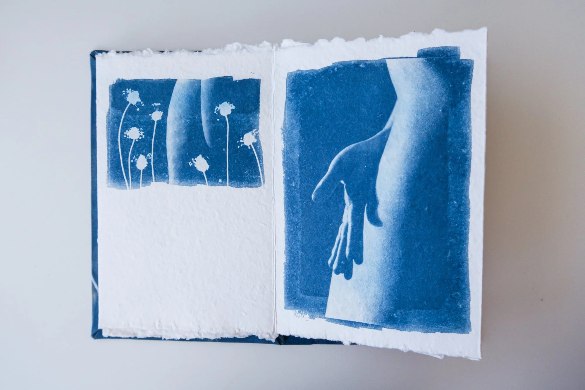 Page from a handmade artist book by Yanina Shevchenko, part of her project If I Loved You As I Should — a body-focused exploration of self-acceptance. Printed on handmade paper using cyanotype, the image combines body forms and natural elements