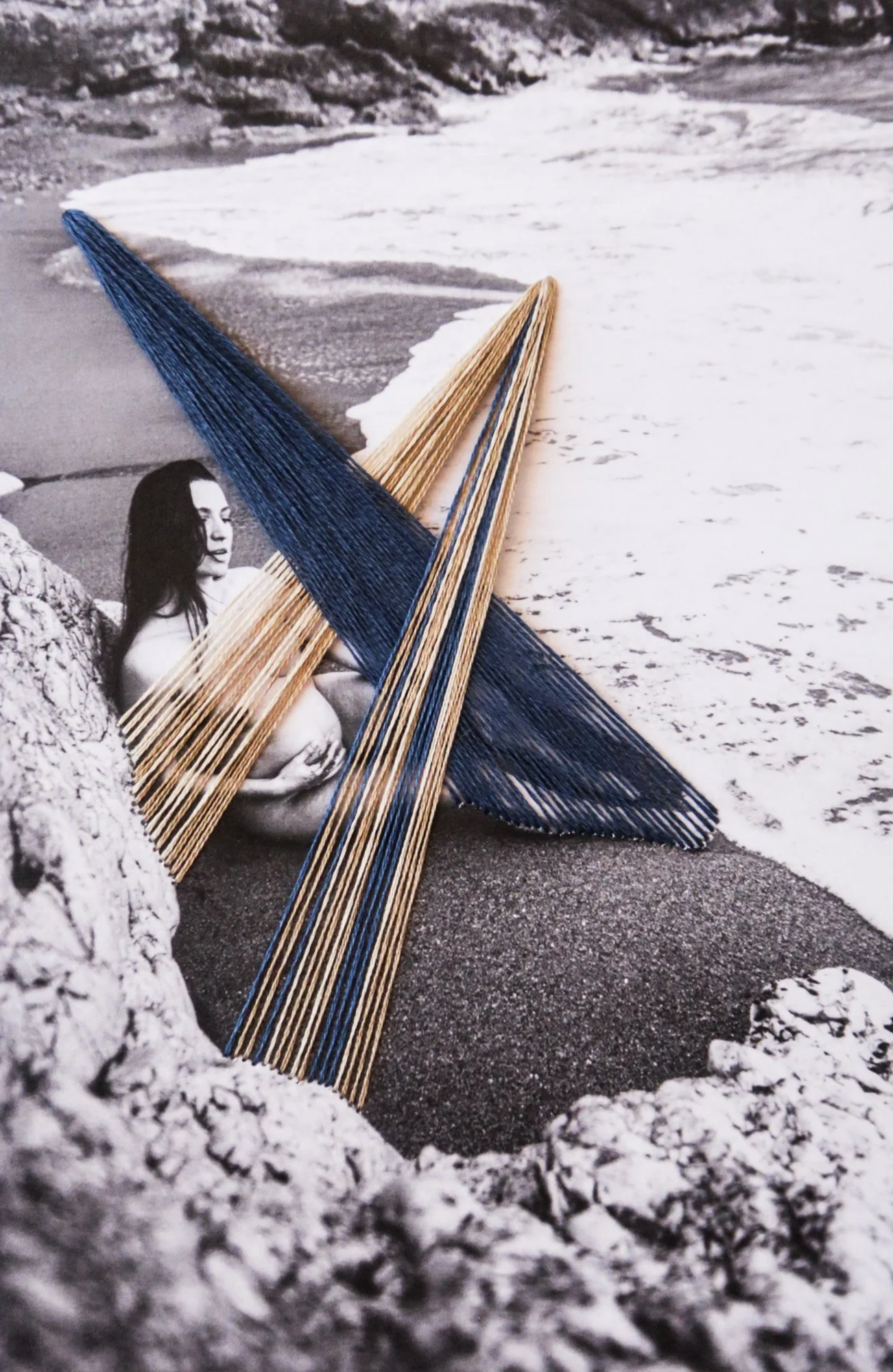 A photograph combining nude body, thread, and nature, photo embroidery on paper by Yanina Shevchenko, an artwork from her project We Are One