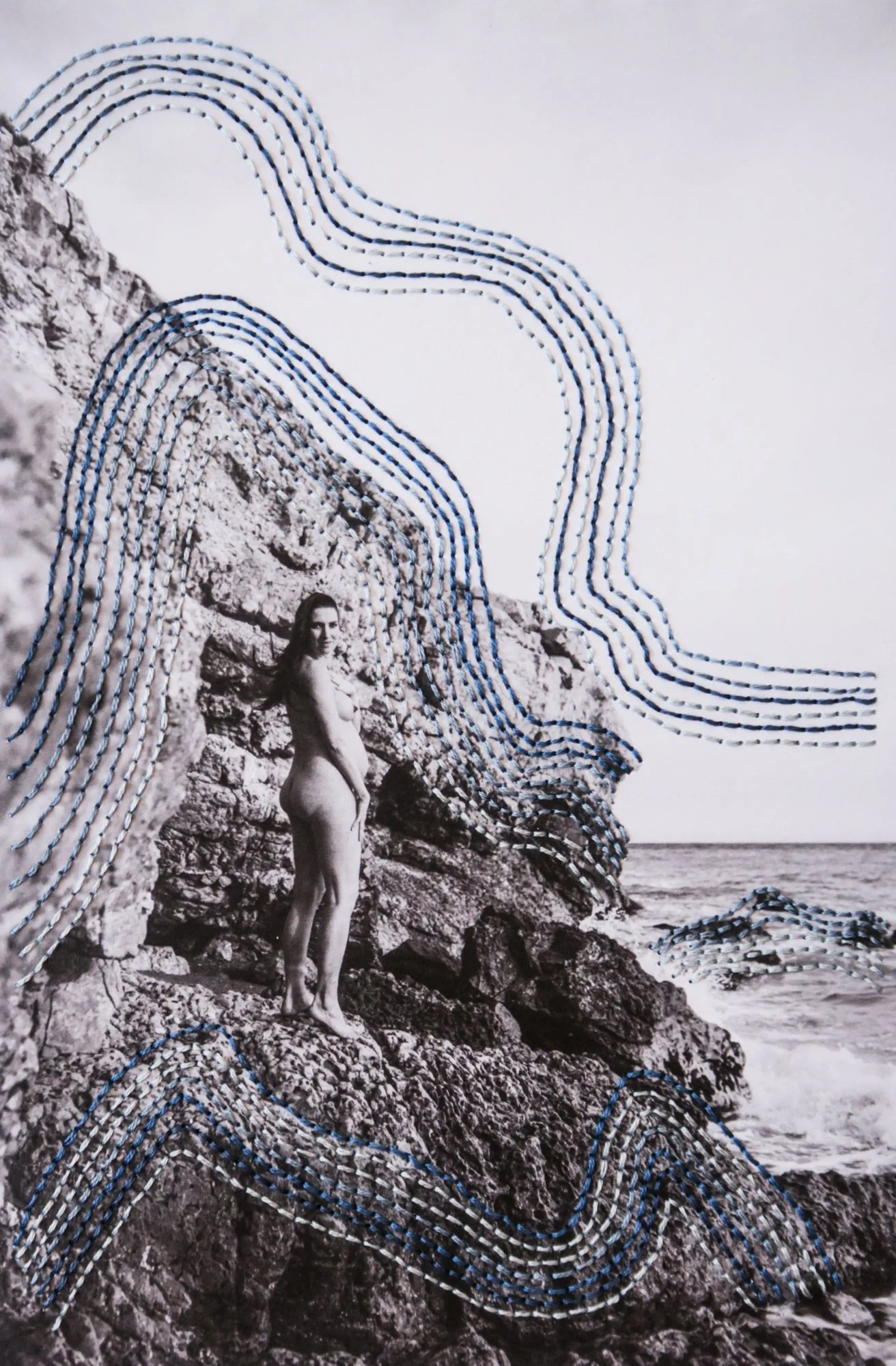 A photograph combining nude body, thread, and nature, photo embroidery on paper by Yanina Shevchenko, an artwork from her project We Are One