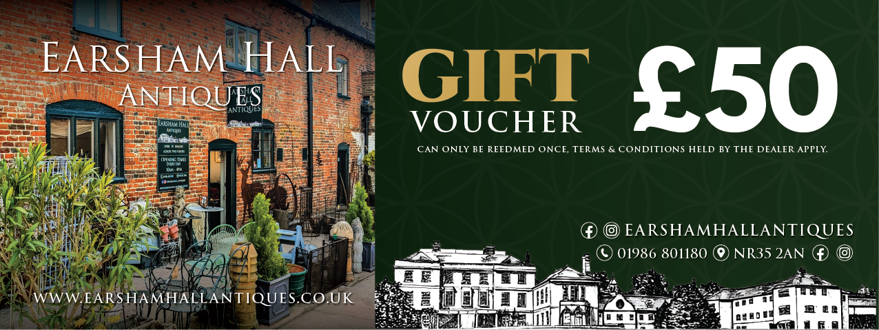 A gift voucher from Earsham Hall Antiques valued at £50, featuring a photo of the antique shop's exterior with outdoor seating and plants, and the voucher section with terms, social media icons, and contact information.