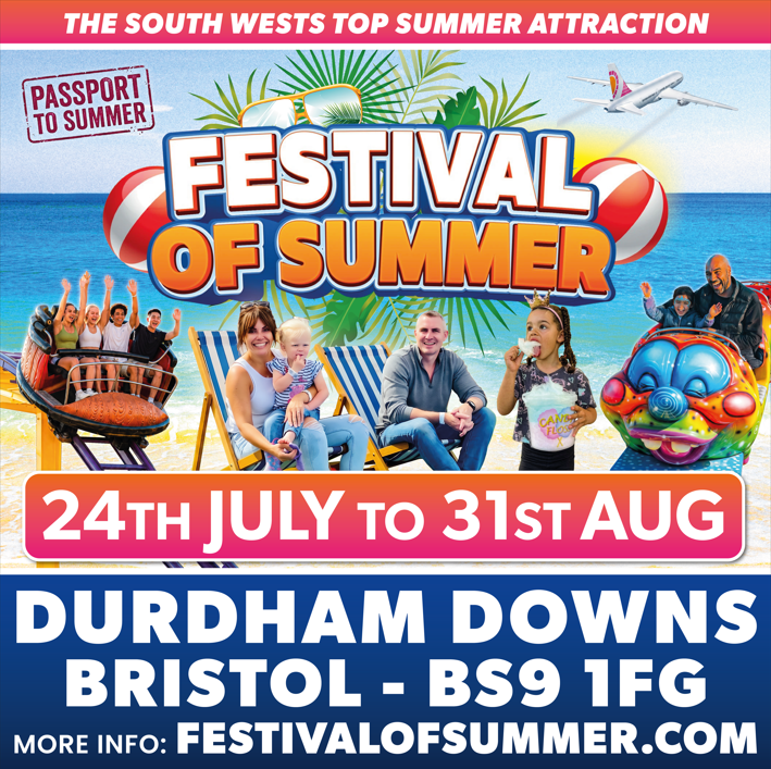 Festival of Summer event poster with beach scene, people enjoying summer activities, a plane flying overhead, and sun lounging. Dates are July 24 to August 31, located in Durham Downs near Bristol, with the website festivalofsummer.com.