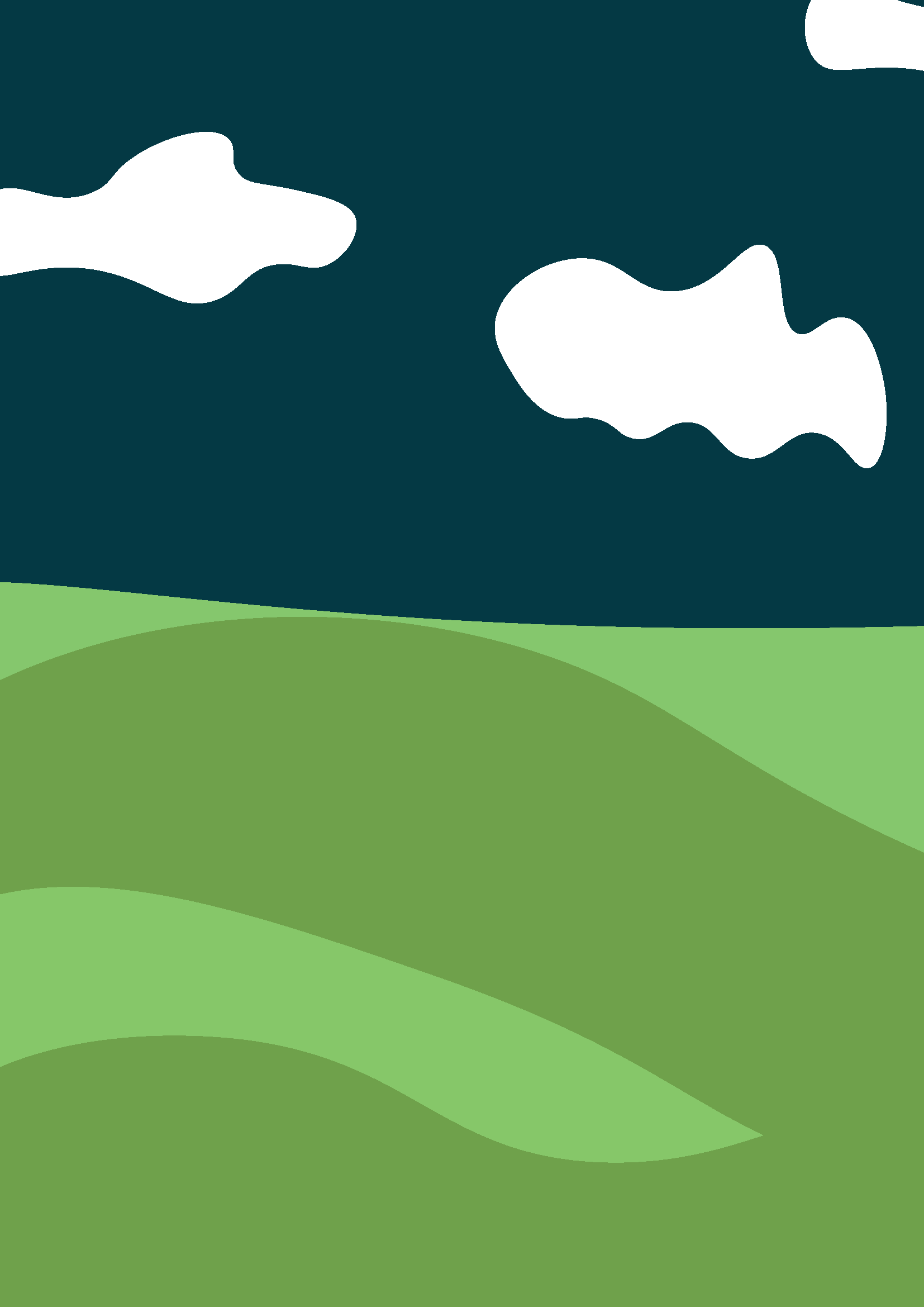 Stilisierte Illustration von grünen Hügeln unter einem dunklen Himmel mit weißen Wolken.