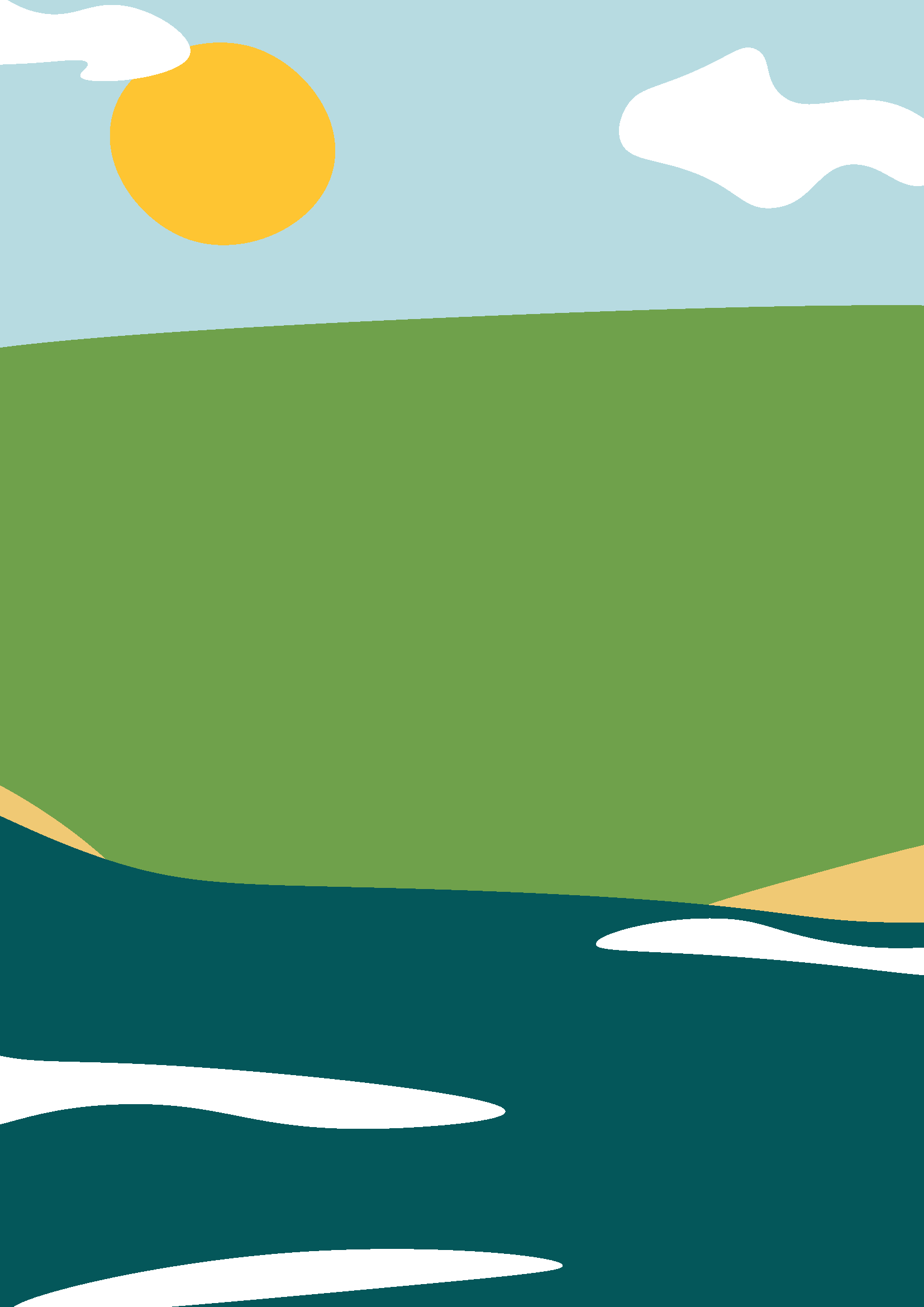 Illustration eines Sonnenuntergangs über Hügel und Wasser mit Wolken im Himmel.