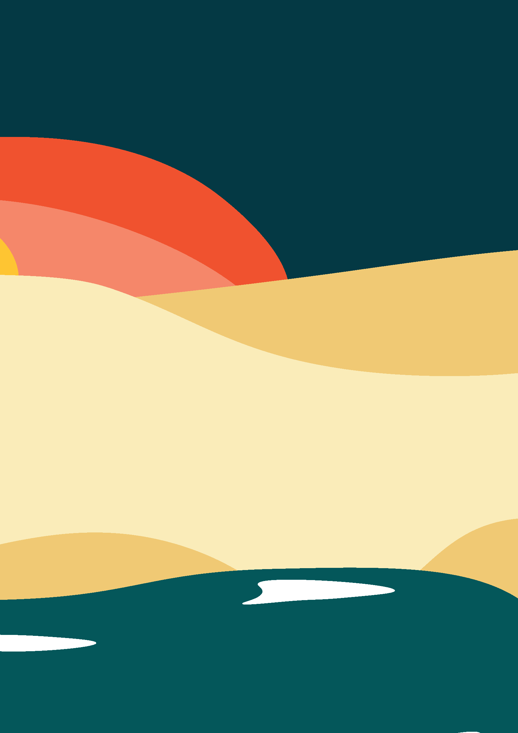 Abstrakte bunte Landschaft mit Sonnenuntergang, Hügeln und Gewässer