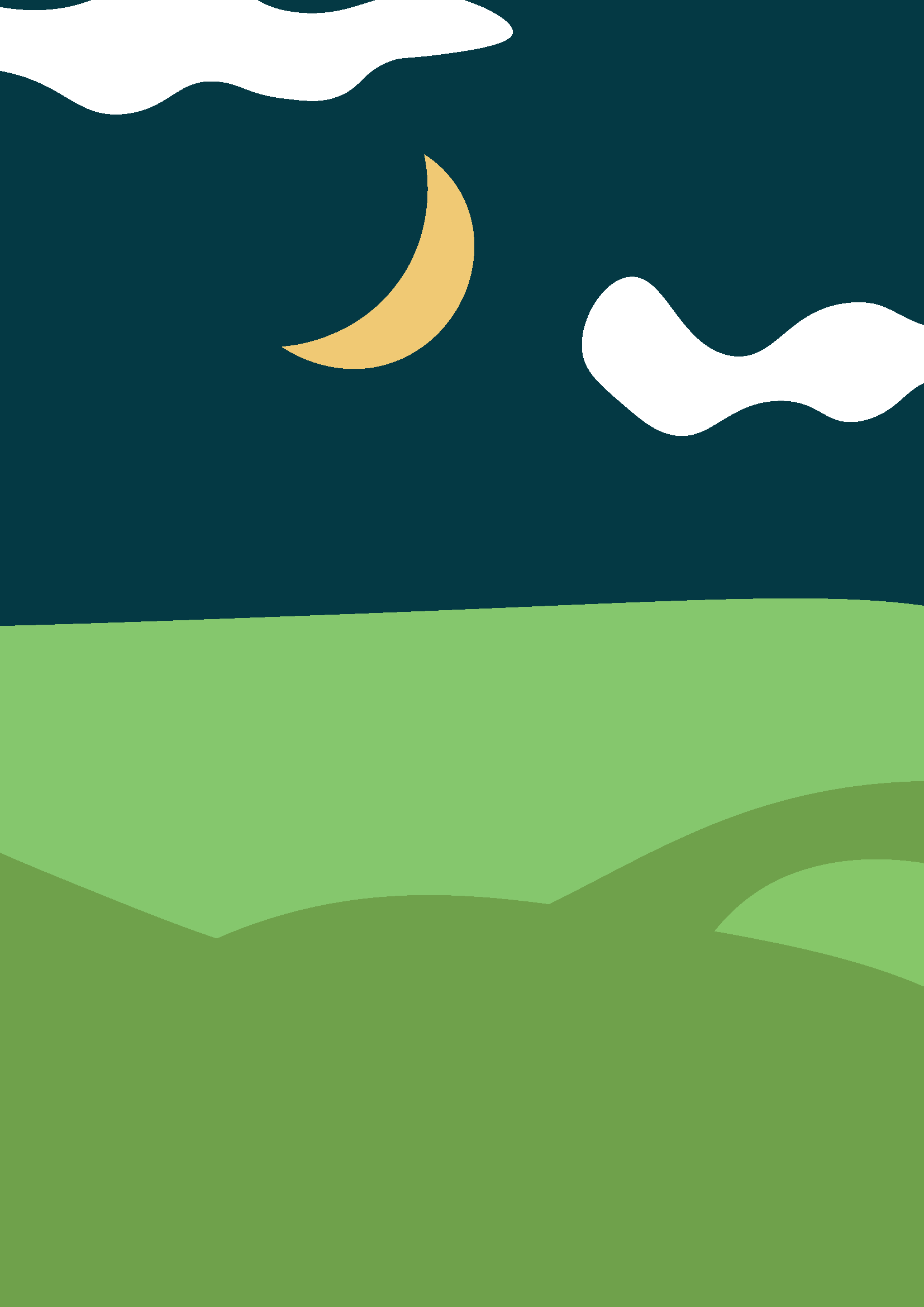 Digitales, stilisiertes Landschaftsbild mit Himmel, Mond, Wolken und grünen Hügeln bei Nacht.